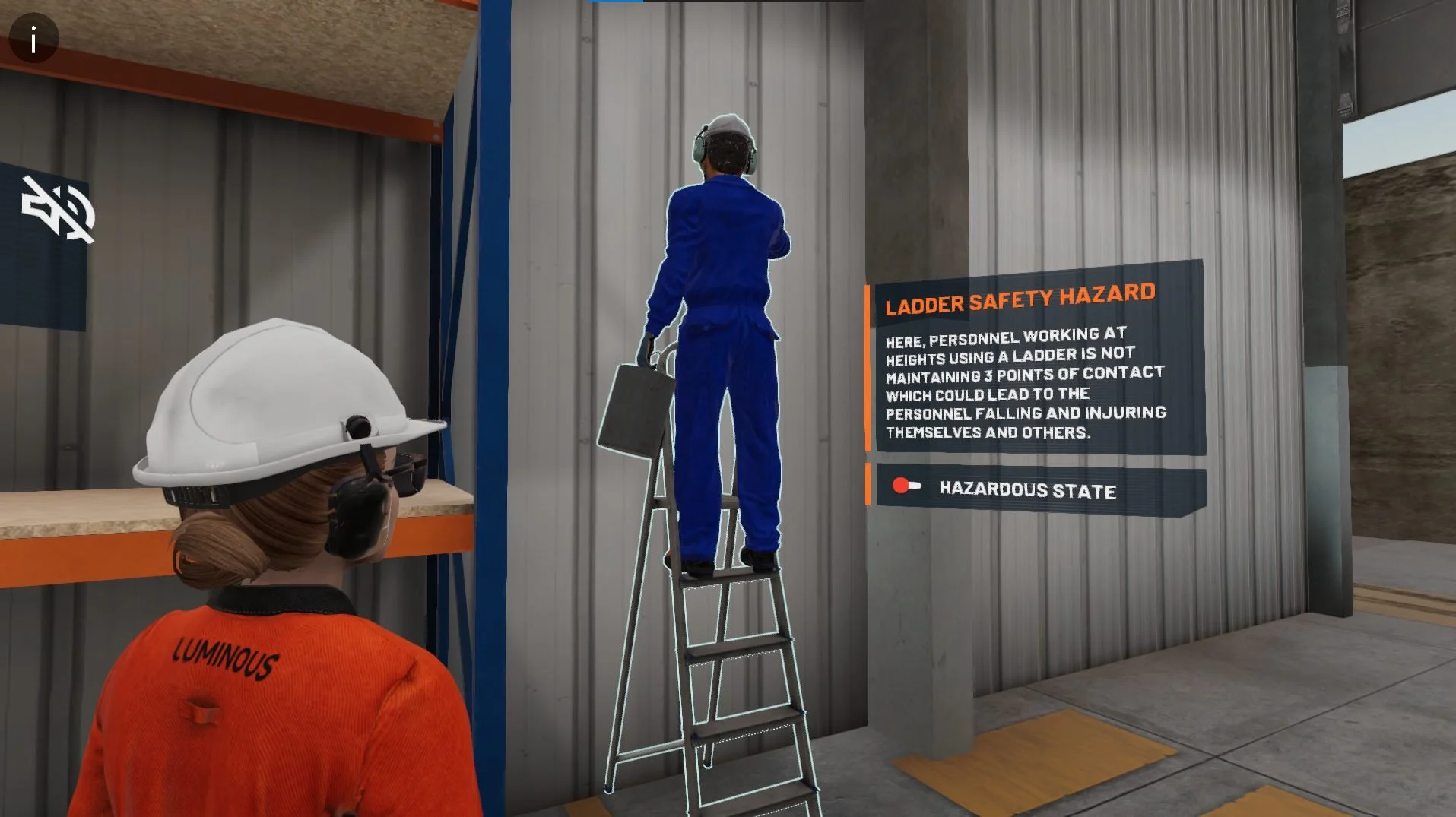 A digital illustration shows a worker in an orange safety jacket and white hard hat with headphones, observing another worker in blue attire on a ladder, working near a sign that reads 'Ladder Safety Hazard' indicating a risk of falling and injury.