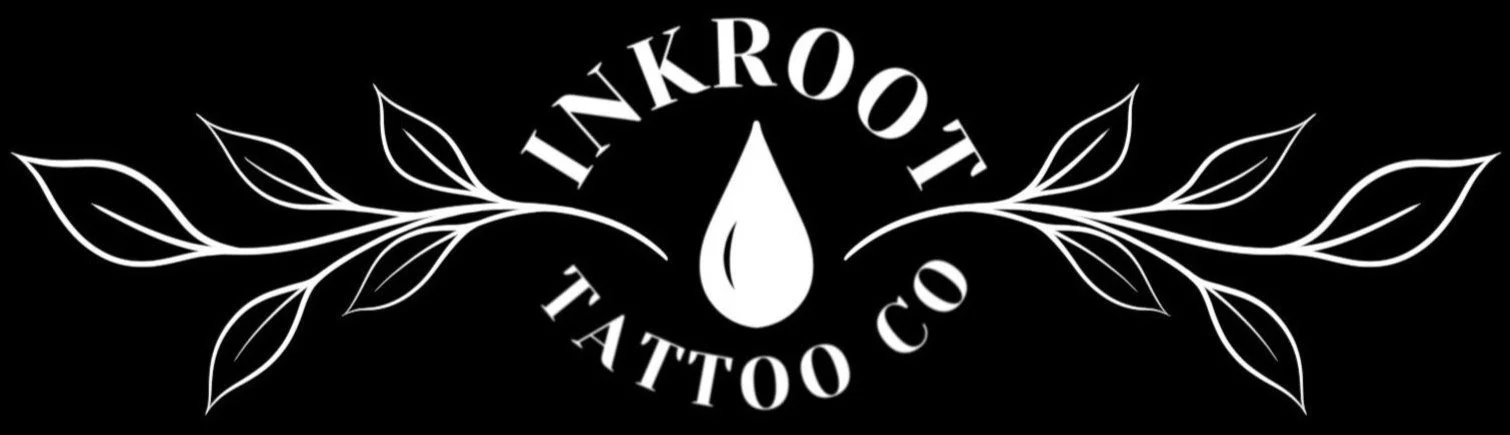 Logo for Inkroot Tattoo Co., featuring an ink drop and leaves
