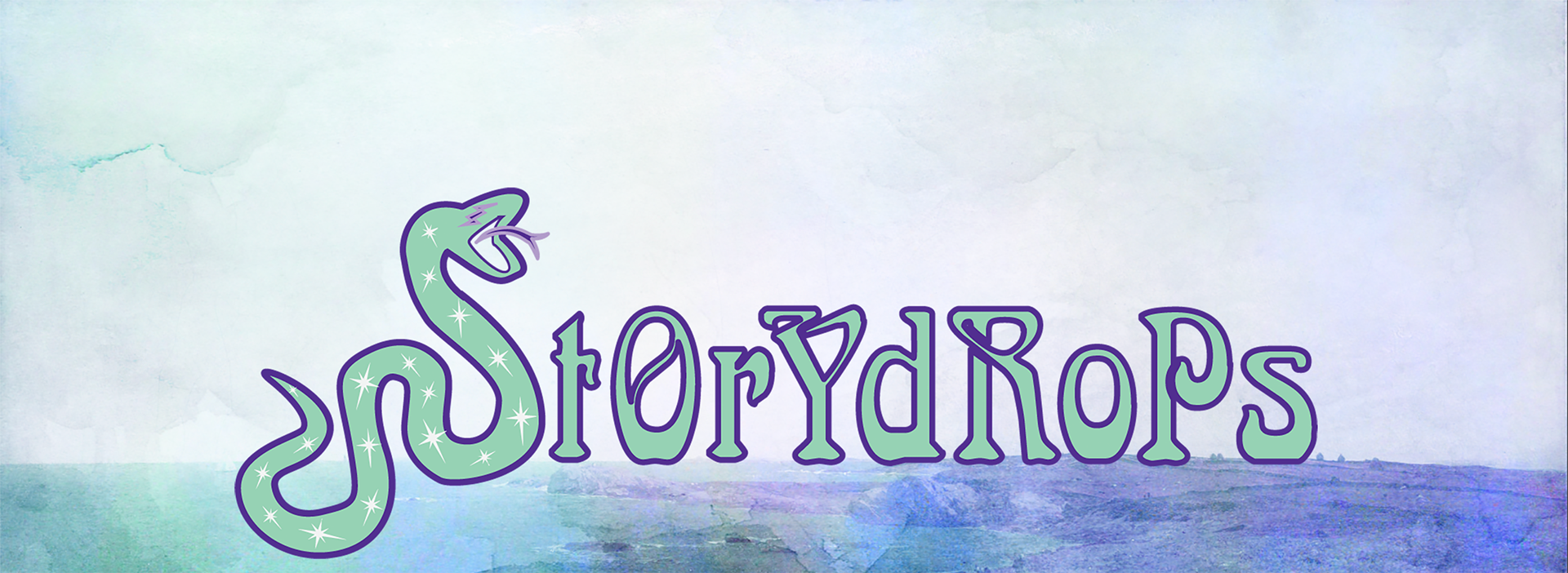 sToRyDrOpS logo featuring a green illustrated snake with sparkle details forming the letter S, set against a watercolor landscape in teal, lavender, and purple.