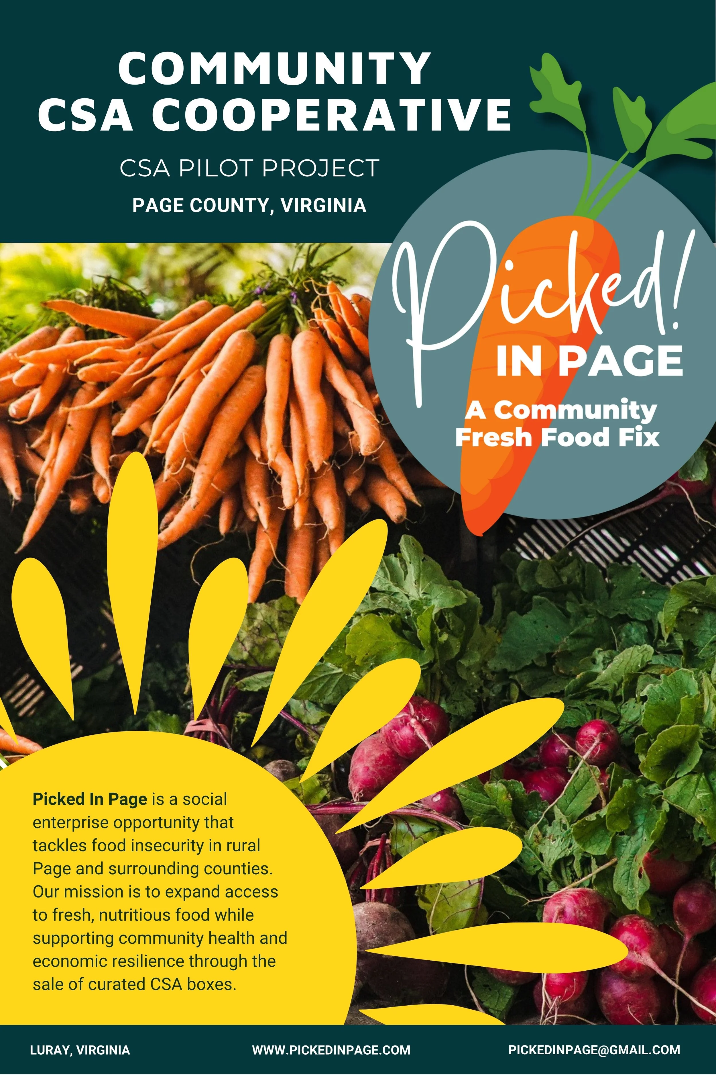 A poster promoting a community CSA cooperative in Page County, Virginia. It features images of fresh carrots, radishes, and leafy greens, with text about a food insecurity project and contact information.