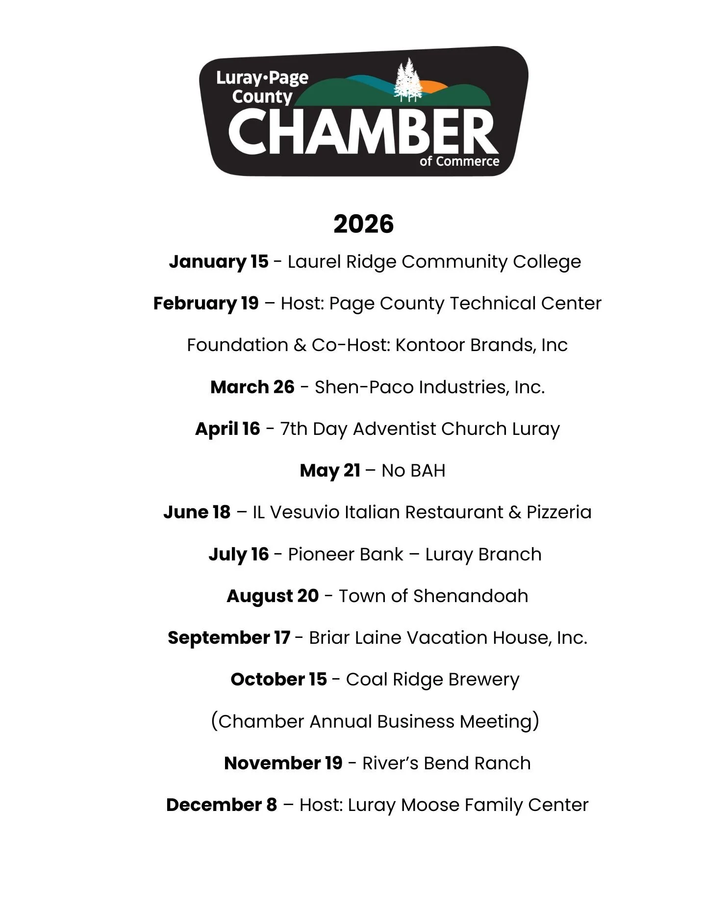 2026 calendar of events for the Luray-Page County Chamber of Commerce, listing dates and venues for various community activities from January to December.