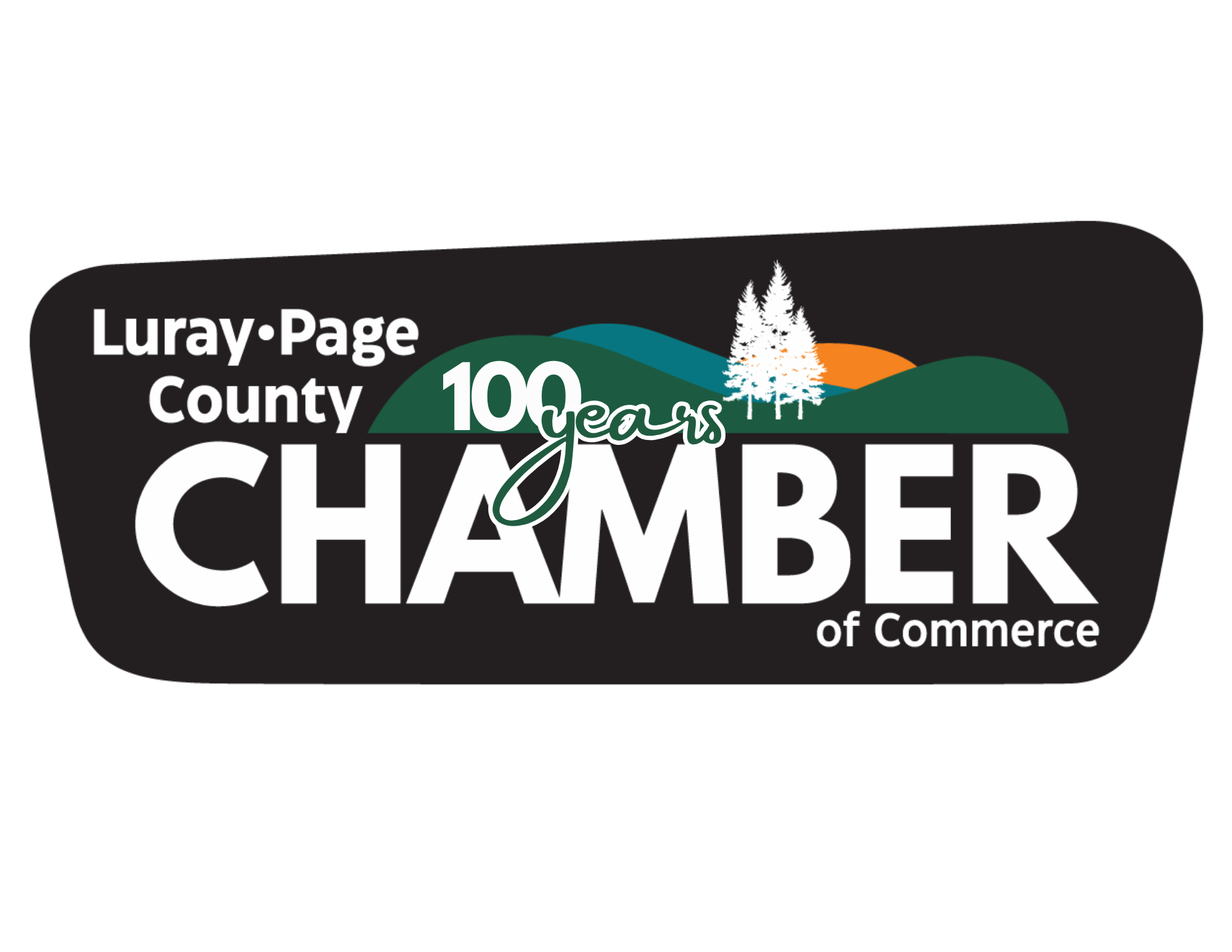 Logo celebrating 100 years of the Luray-Page County Chamber of Commerce, featuring mountains, trees, and vibrant colors.
