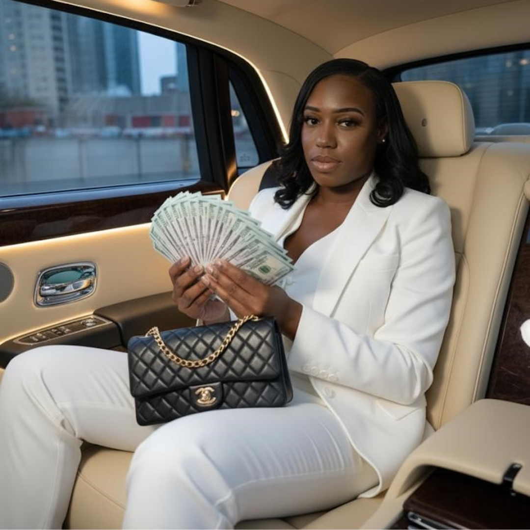 A woman in a white suit sitting in a luxury car holding a fan of cash, with a designer Chanel purse on her lap.