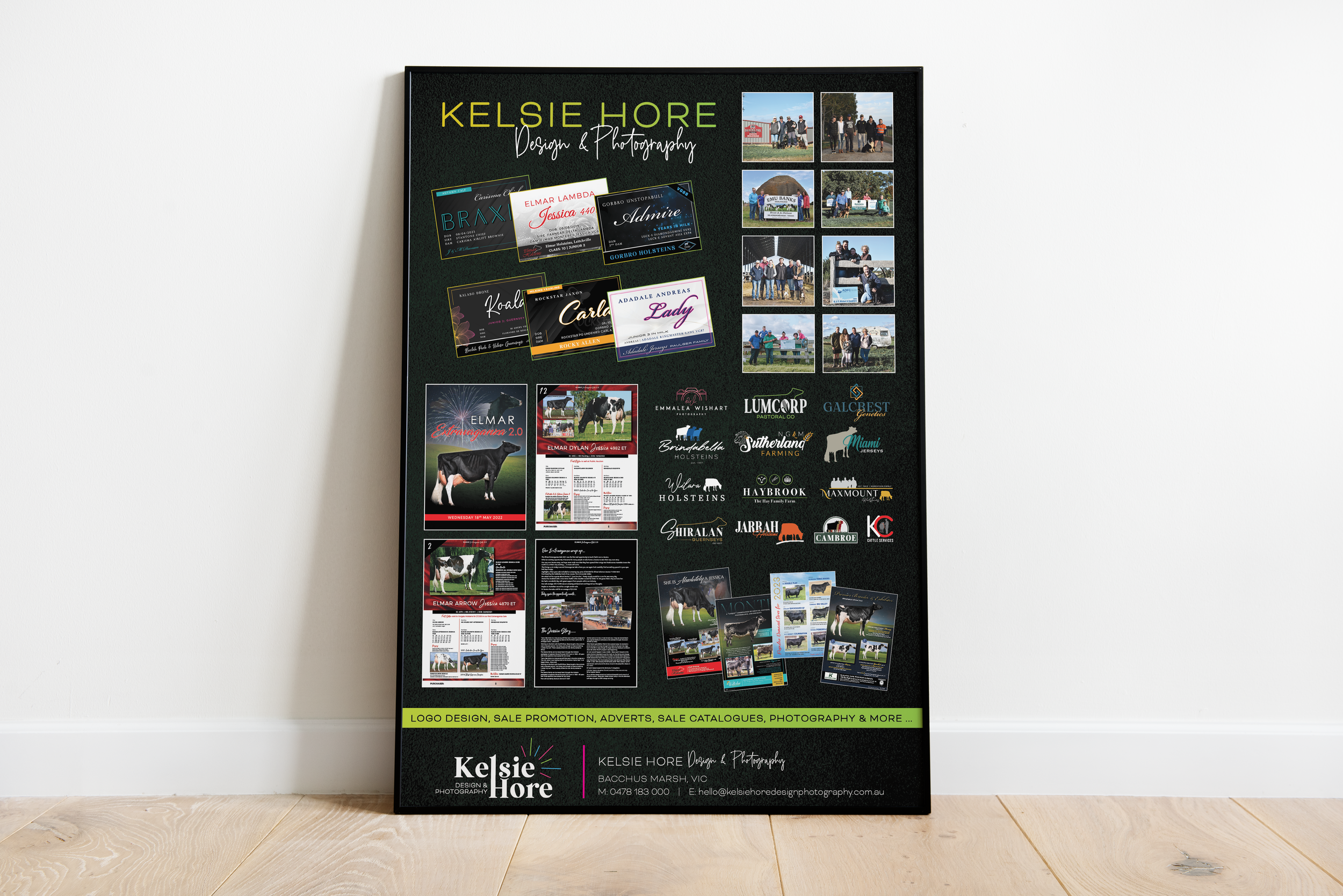 Poster showcasing Kelsie Hore Design & Photography services; includes logos, photos, and promotional materials.