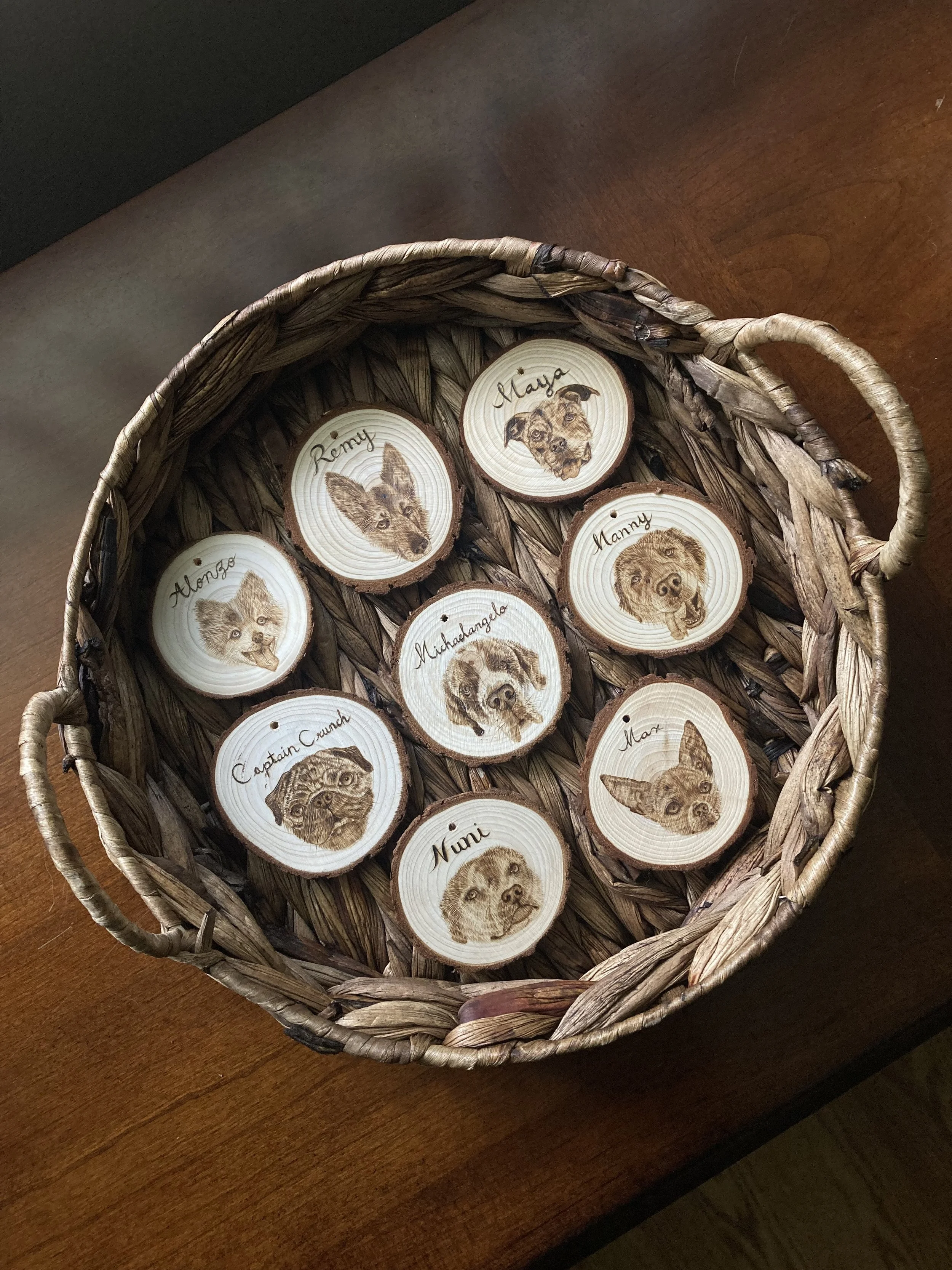 Pyrography - Dog ornaments.JPG