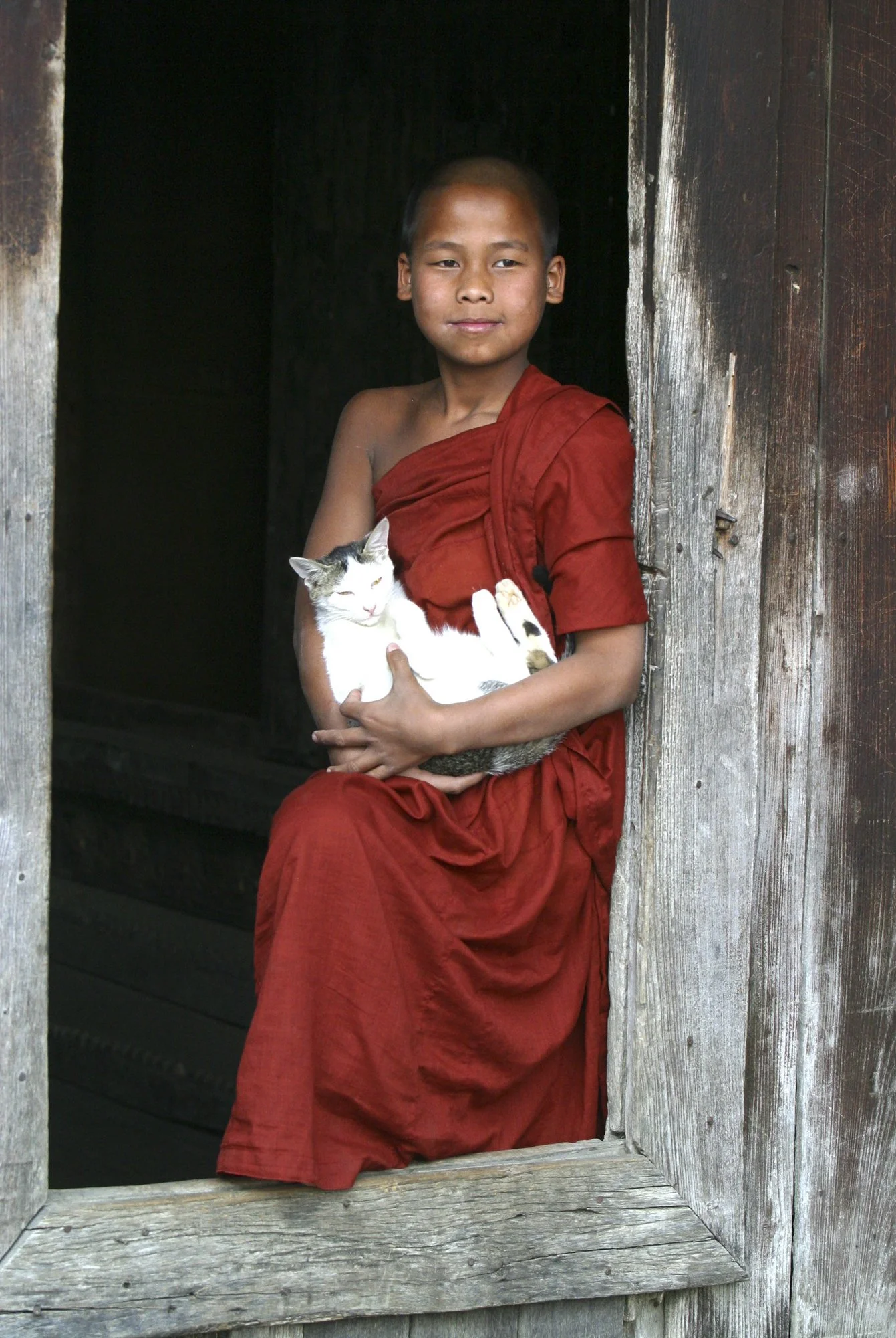 A young novice monk cradles the resident cat at a rural monastery in central Myanmar. In a place shaped by ritual and discipline, this quiet moment of tenderness offers a glimpse into the gentle, everyday humanity behind monastic life.