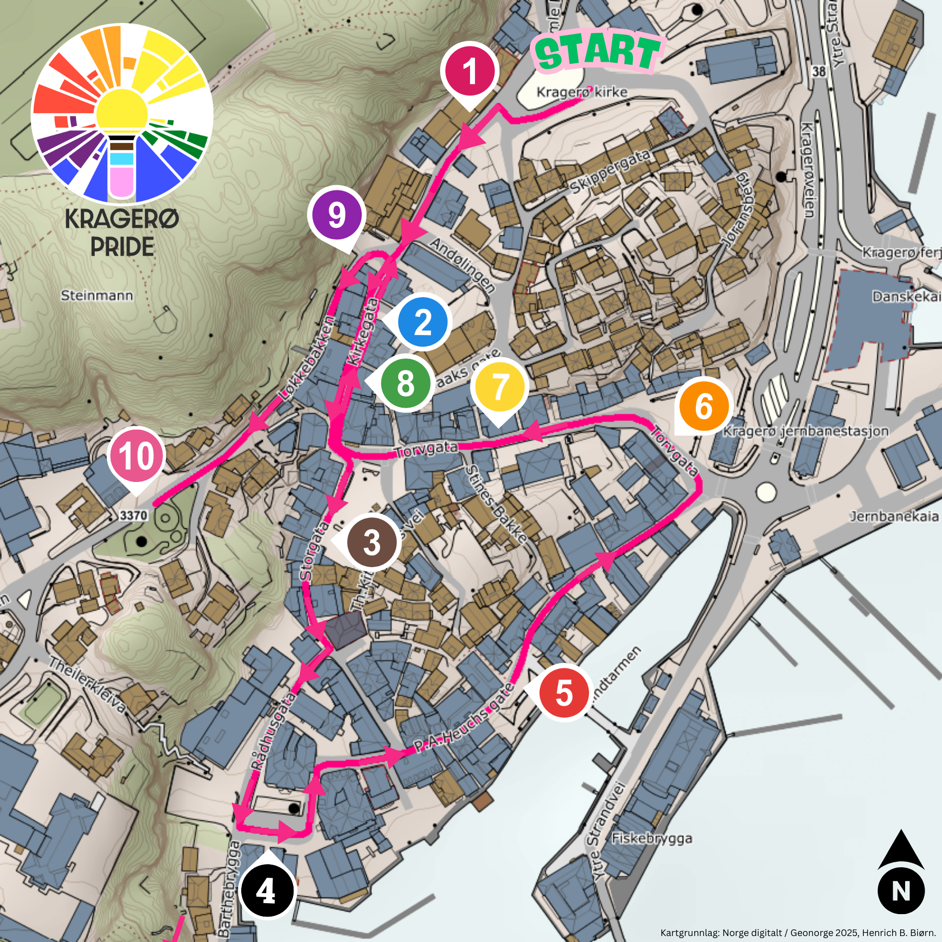 Map of Kragerø town with a marked walking tour route in pink, starting point at Kragerø kirke, numbered points of interest from 1 to 10, with various street names, buildings, and natural features like hills and water bodies.