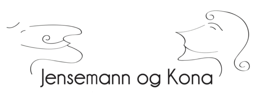 Line drawing of a cat and a rat facing each other with a line between them, accompanied by the text 'Jensemann og Kona'.