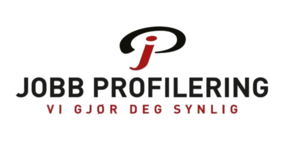 Logo for Jobb Profilering with a stylized red J and black circle, featuring the words "Jobb Profilering" and the tagline "VIGJØR DEG SELV."
