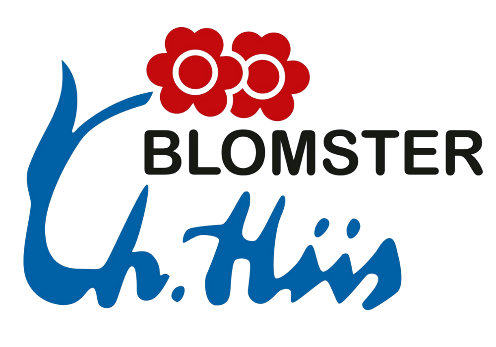 Logo for Blomster Chattig featuring red flowers, blue and black text, and a stylized blue shape.