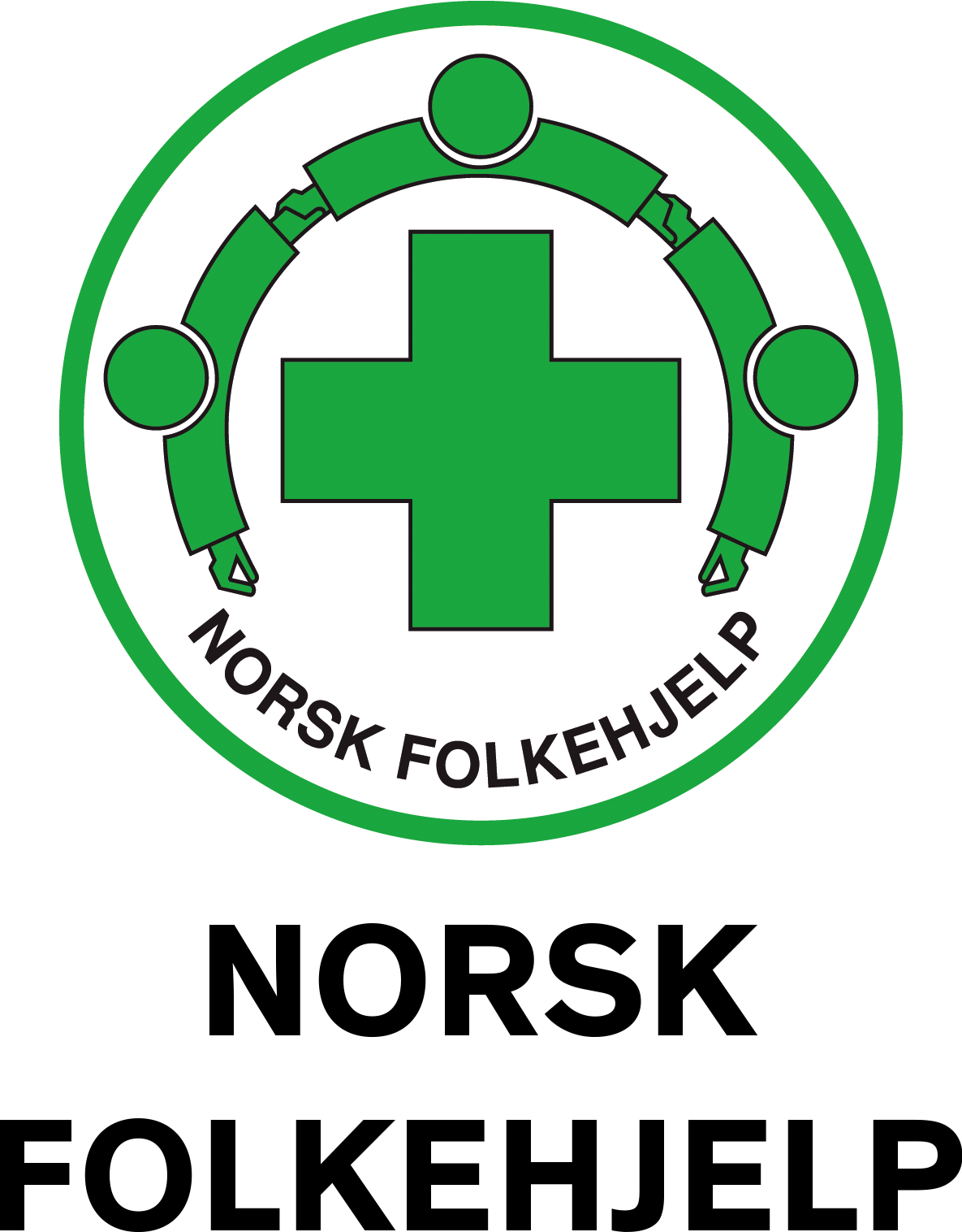 Logo of Norwegian People's Aid featuring three people holding hands around a green cross, with the text 'Norsk Folkehjelp' underneath.