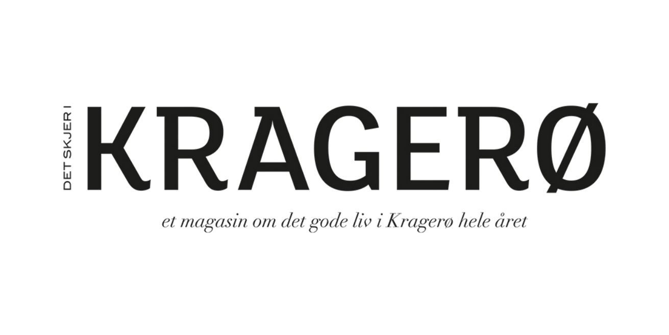 Logo of Kragerø, featuring its name in bold text and a stylized seagull flying above it, with a subtitle that reads "Experience the true taste of the sea."