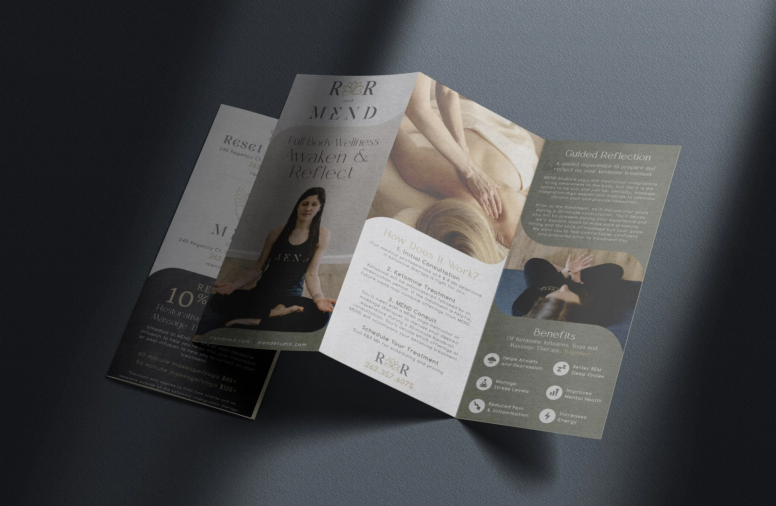 A brochure design for a ketamine therapy and massage therapy treatment center in southeastern Wisconsin
