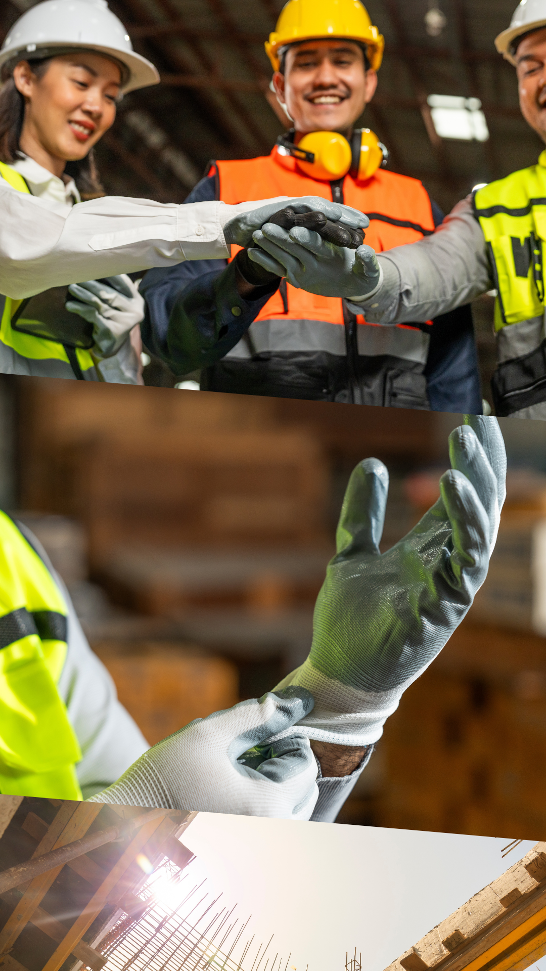 Construction workers in safety gear performing a handshake inside a building site with sunlight shining through a structure under construction.