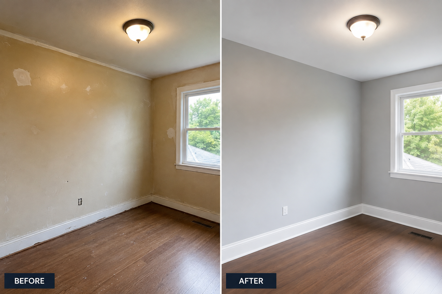 Comparison of a room before and after renovation, showing a wall and ceiling with paint damage, peeling paint, and scuffs on the left, and a freshly painted wall with clean baseboards and new flooring on the right.