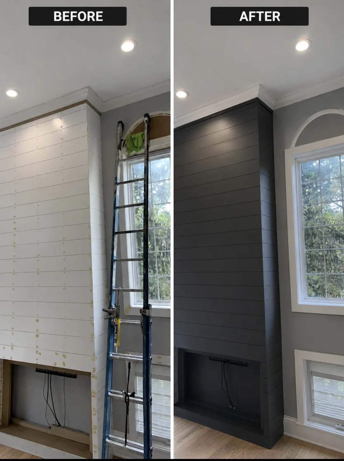Side-by-side comparison of a fireplace makeover, showing a 'before' image with an unfinished white shiplap wall and a 'finished' image with a painted dark gray shiplap wall and trim, brightening the room.