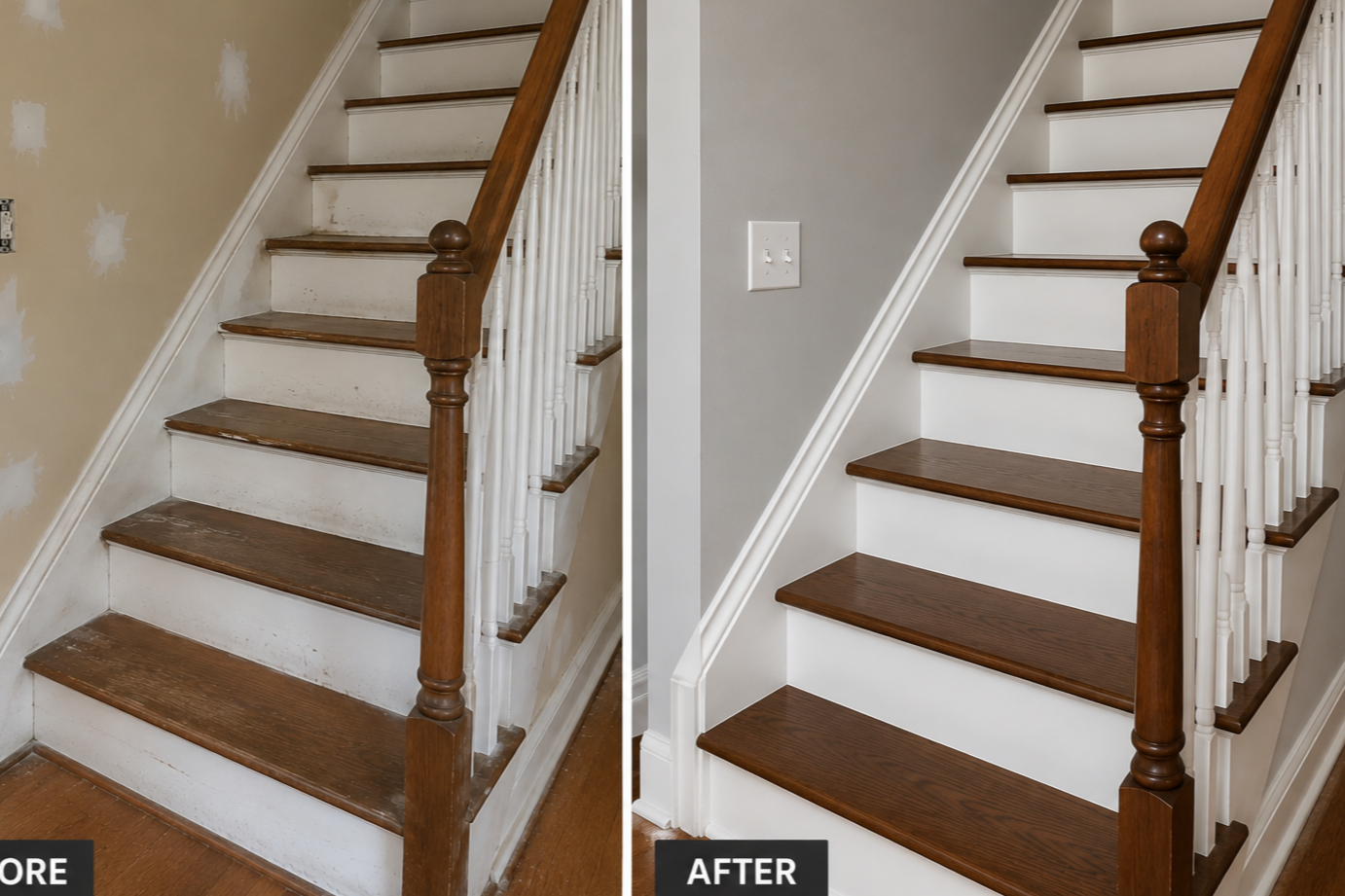 Comparison of a staircase before and after remodeling. The before side shows worn, scuffed wooden stairs with dirty white risers and an unfinished wall. The after side shows a clean, newly painted wall, freshly stained wooden stairs, and bright white risers.