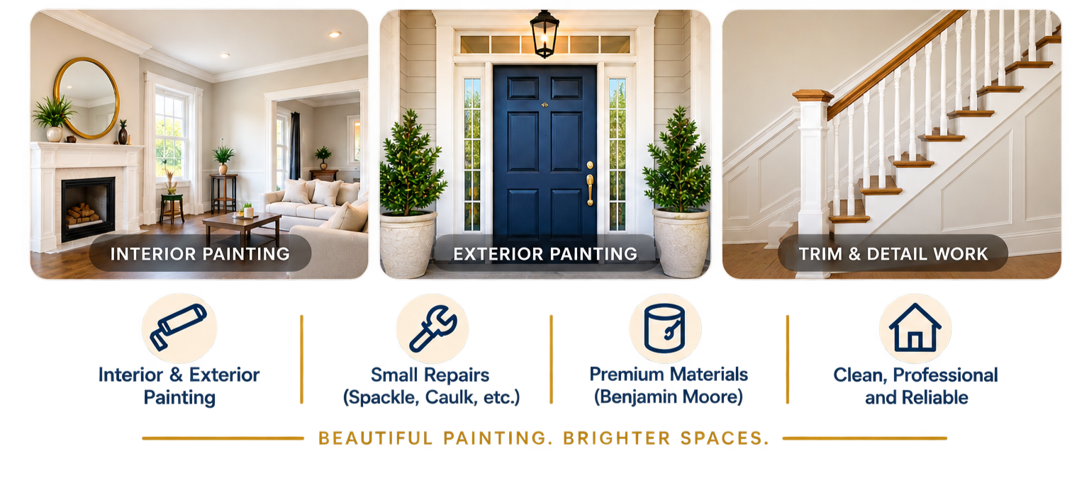 A collage showing three interior images: a living room with a fireplace, an entryway with a blue door, and a staircase. Text overlays indicate services such as interior and exterior painting, trim and detail work, small repairs, and the use of premium materials. Additional icons and text highlight professional, reliable service, and the goal of creating beautiful, brighter spaces.
