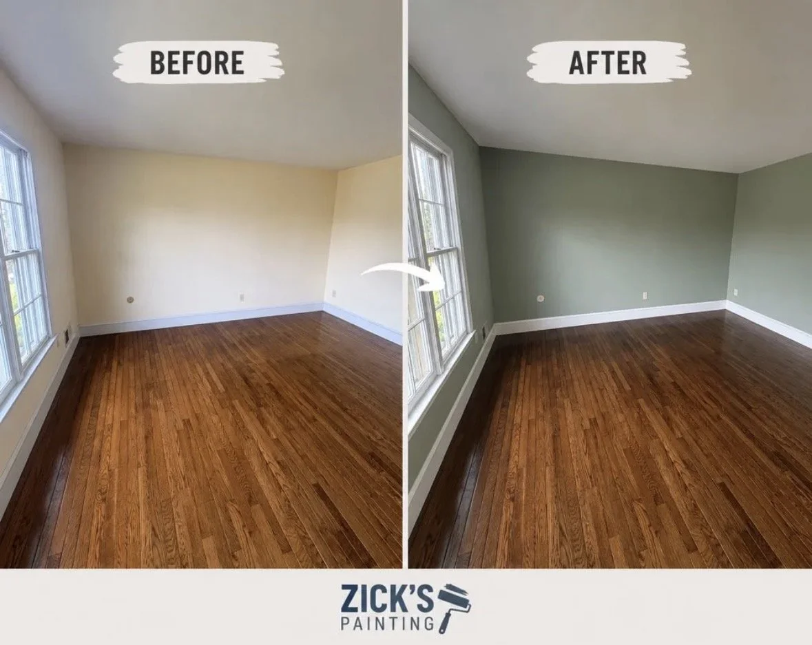 Comparison of a room before and after painting, with the walls changing from beige to green. The room features hardwood floors and large windows.