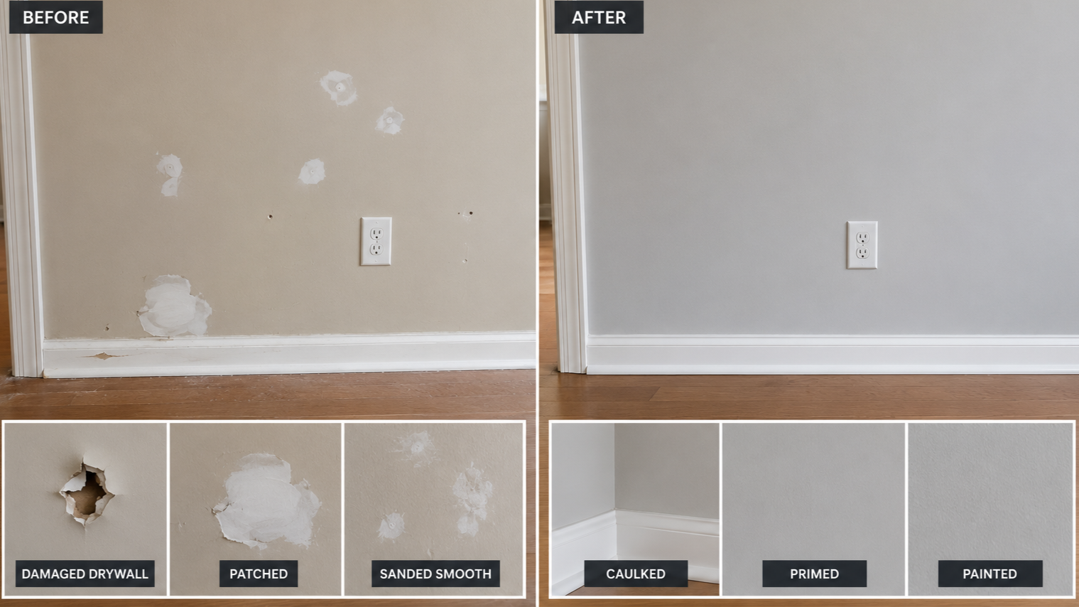 Before and after images of a wall repair. The before shows a damaged drywall with holes and patches, while the after shows a smooth, painted wall with a clean baseboard.