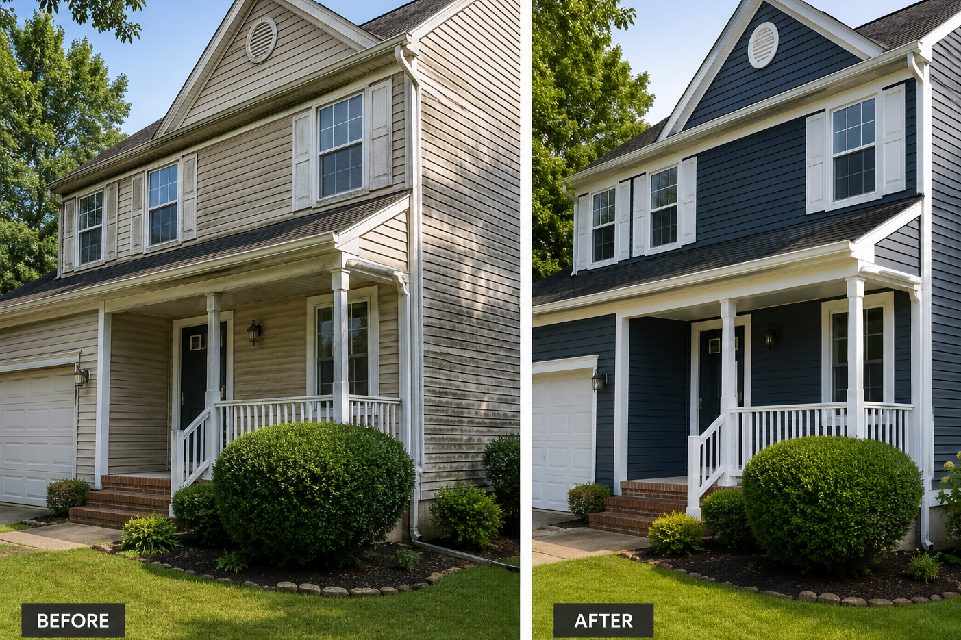 Side-by-side comparison of a two-story house before and after exterior renovation. The house has a front porch with white railing and steps, surrounded by green bushes and a well-maintained lawn. The "before" house has beige, weathered siding with dirt stains, while the "after" house has new, dark blue siding with a clean appearance.