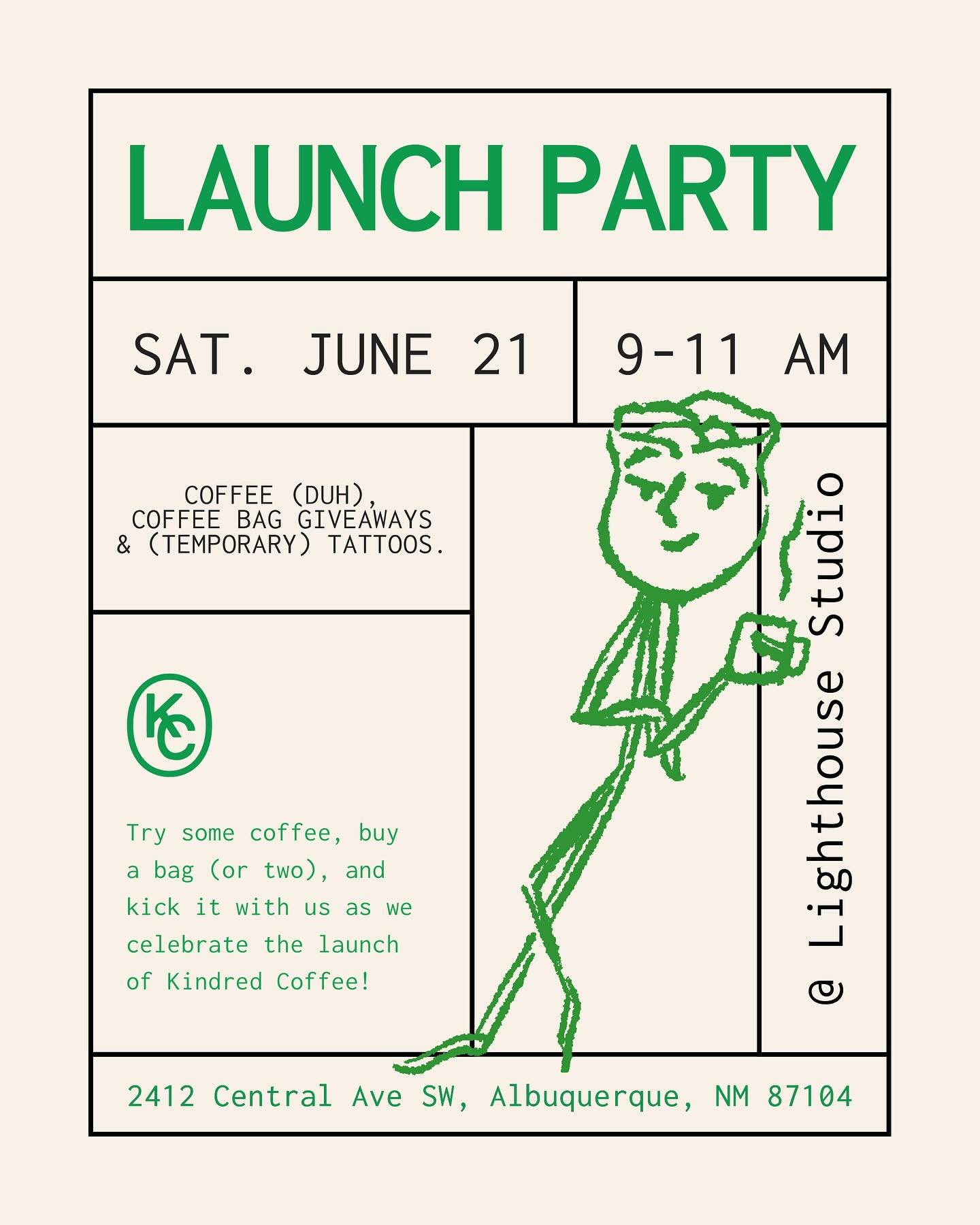 LAUNCH PARTY 🎉🥀☕️

Try some coffee, buy a bag (or two), and kick it with us as we celebrate the launch of Kindred Coffee! 

Saturday, June 21st 9-11 am so you can swing by on the way to the growers market, running errands, or slow down and hang out