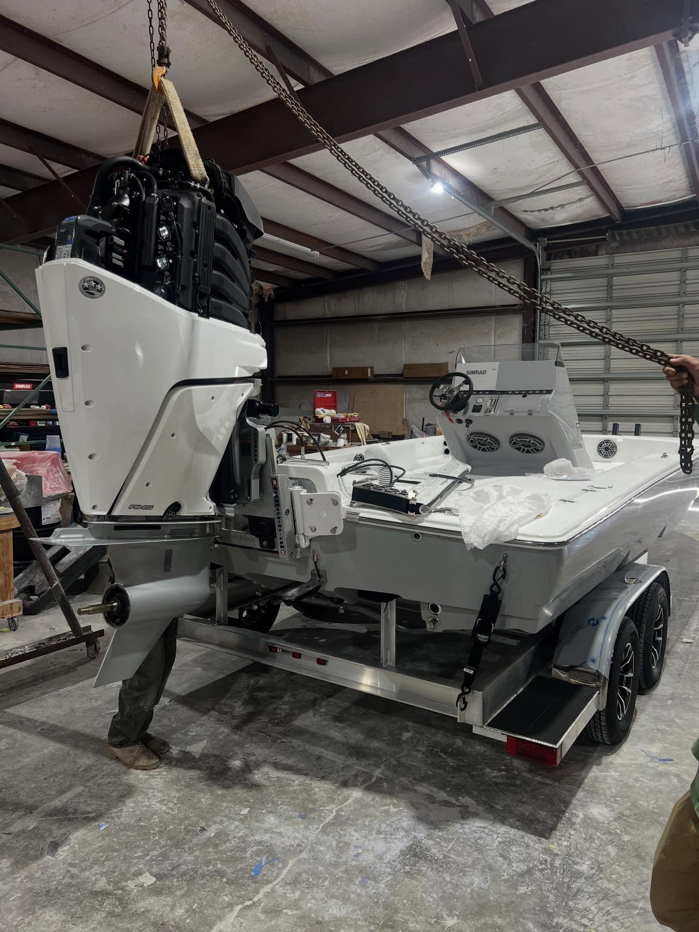 @mercurymarine 425 Verado is mounted! This 24 Savage will be at the Houston boat show, be sure to check out this amazing fishing machine! #turnerboatworks #texascoast #boatshow
