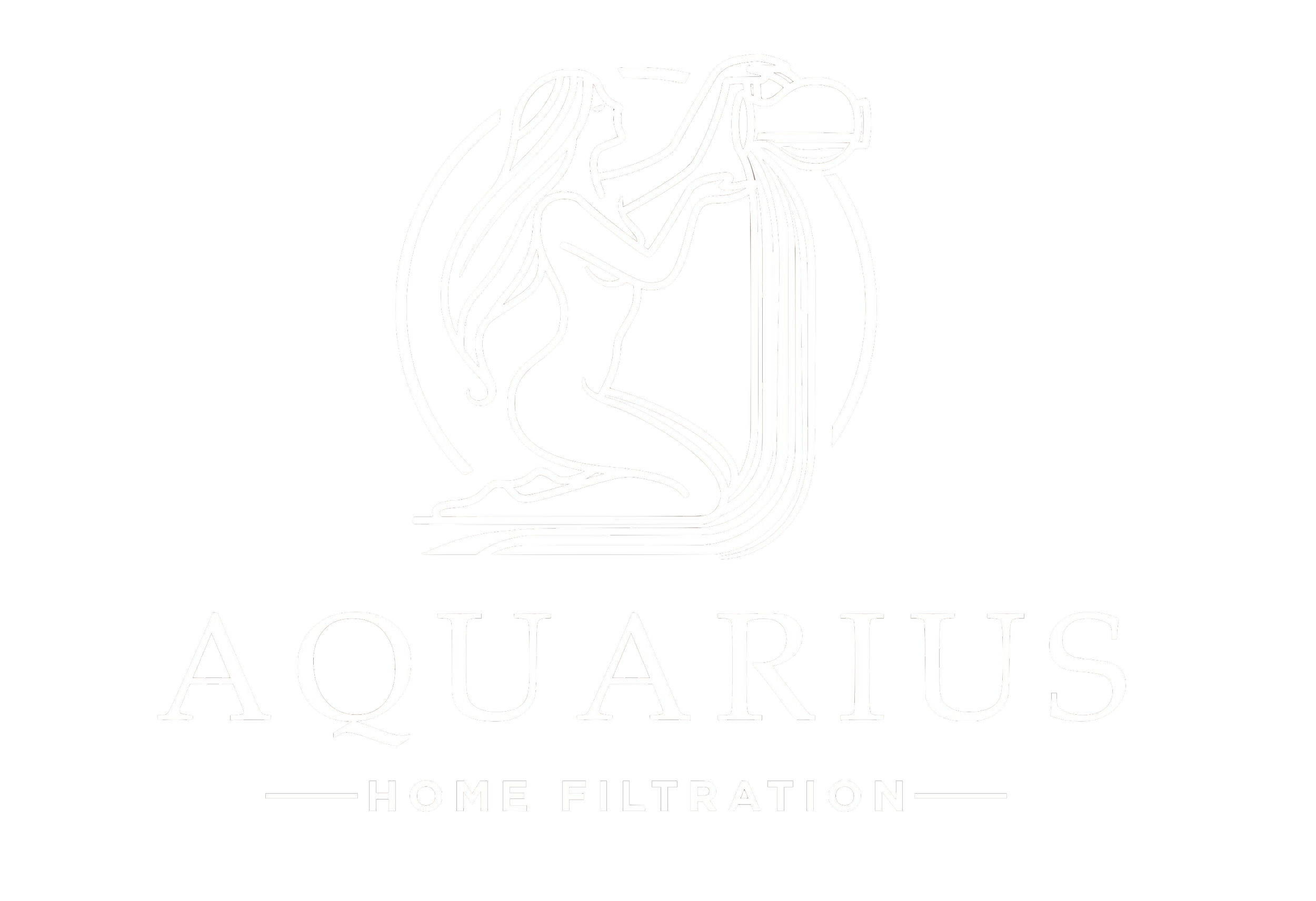 Logo for Aquarius Home Filtration, featuring a line drawing of a woman kneeling and holding a filter, with the company name beneath.