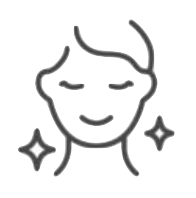 Simple line drawing of a woman's face with closed eyes and a gentle smile, surrounded by sparkles.