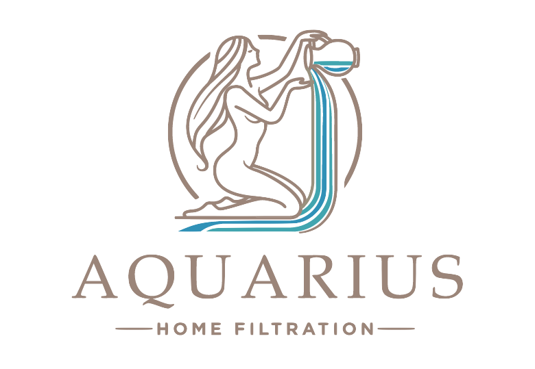 Logo of Aquarius Home Filtration featuring a line drawing of a woman with long hair pouring water from a pitcher, with water flowing into a basin, and the text 'Aquarius Home Filtration' underneath.