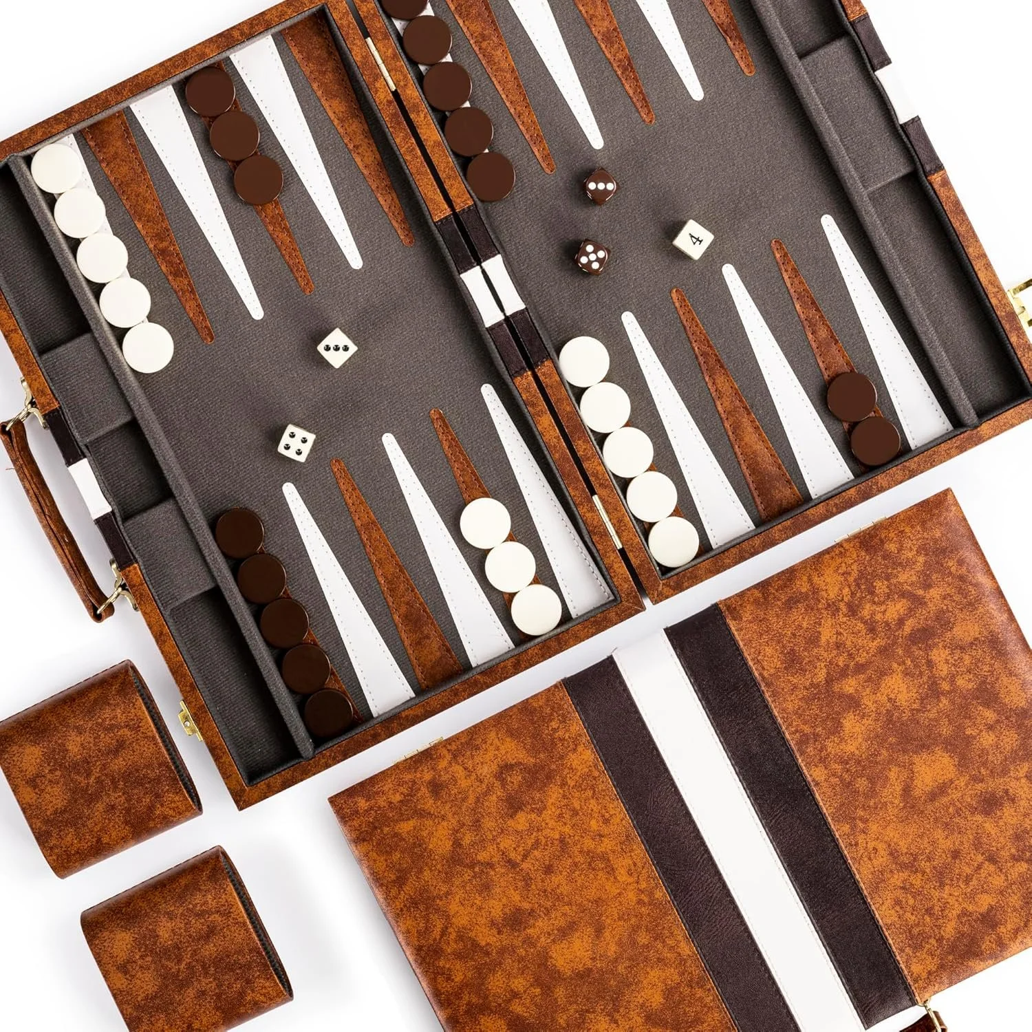 Open backgammon board with rich brown faux leather and contrasting white accents.