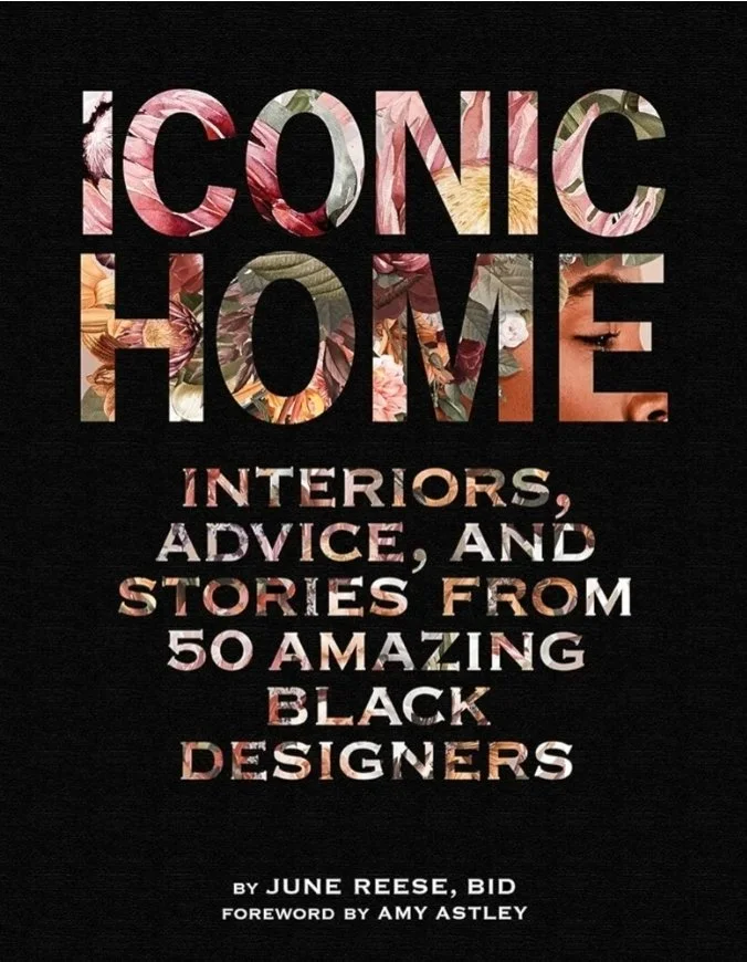 Cover of the interior design book Iconic Home by June Reese, featuring bold typography filled with floral imagery on a black background