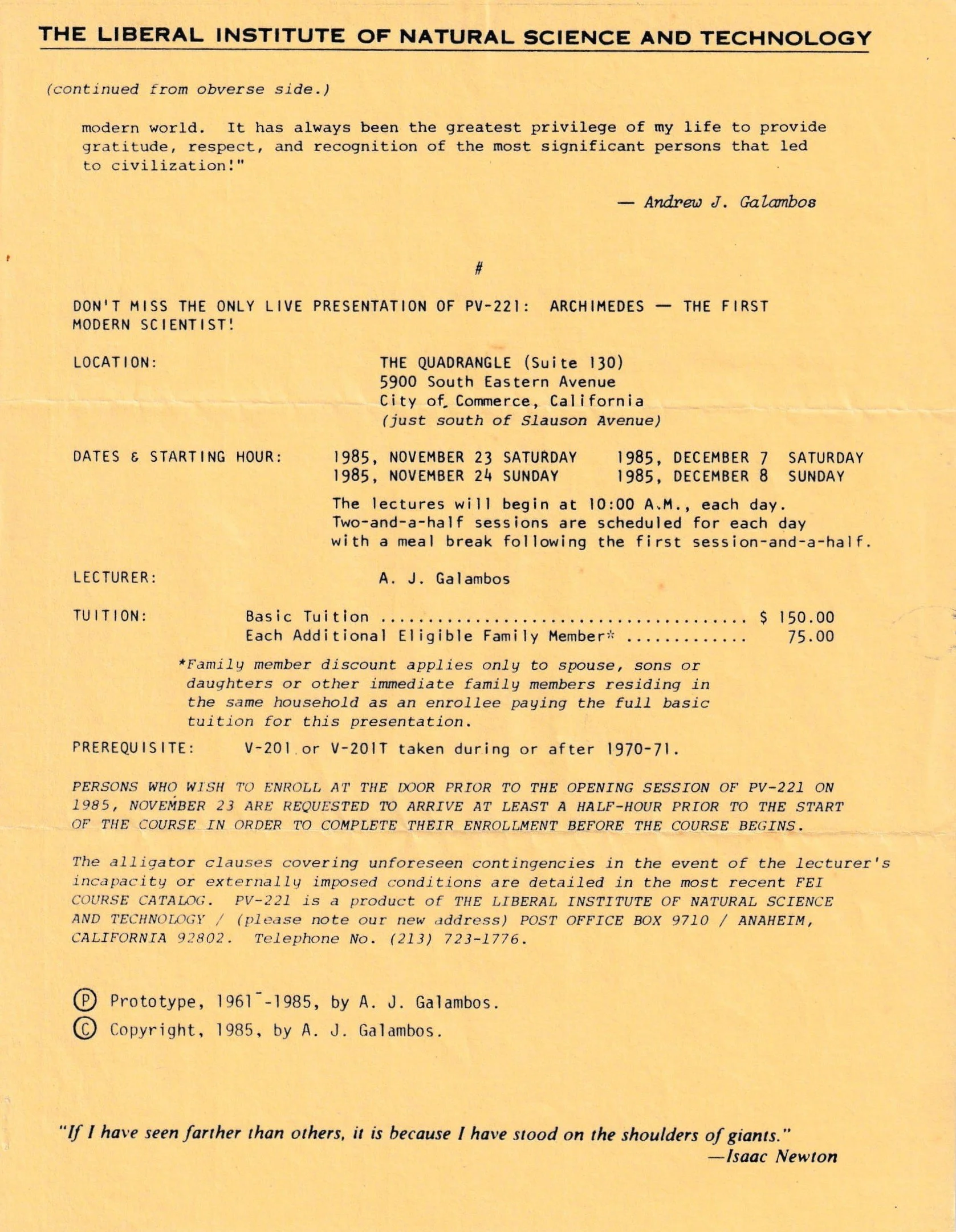 Yellow flyer from The Liberal Institute of Natural Science and Technology advertising a lecture on PV-221: Archimedes, the First Modern Scientist. Dates are November 23 and 24, and December 7 and 8, 1985. Location is The Quadrangle, Suite 130, 5900 S