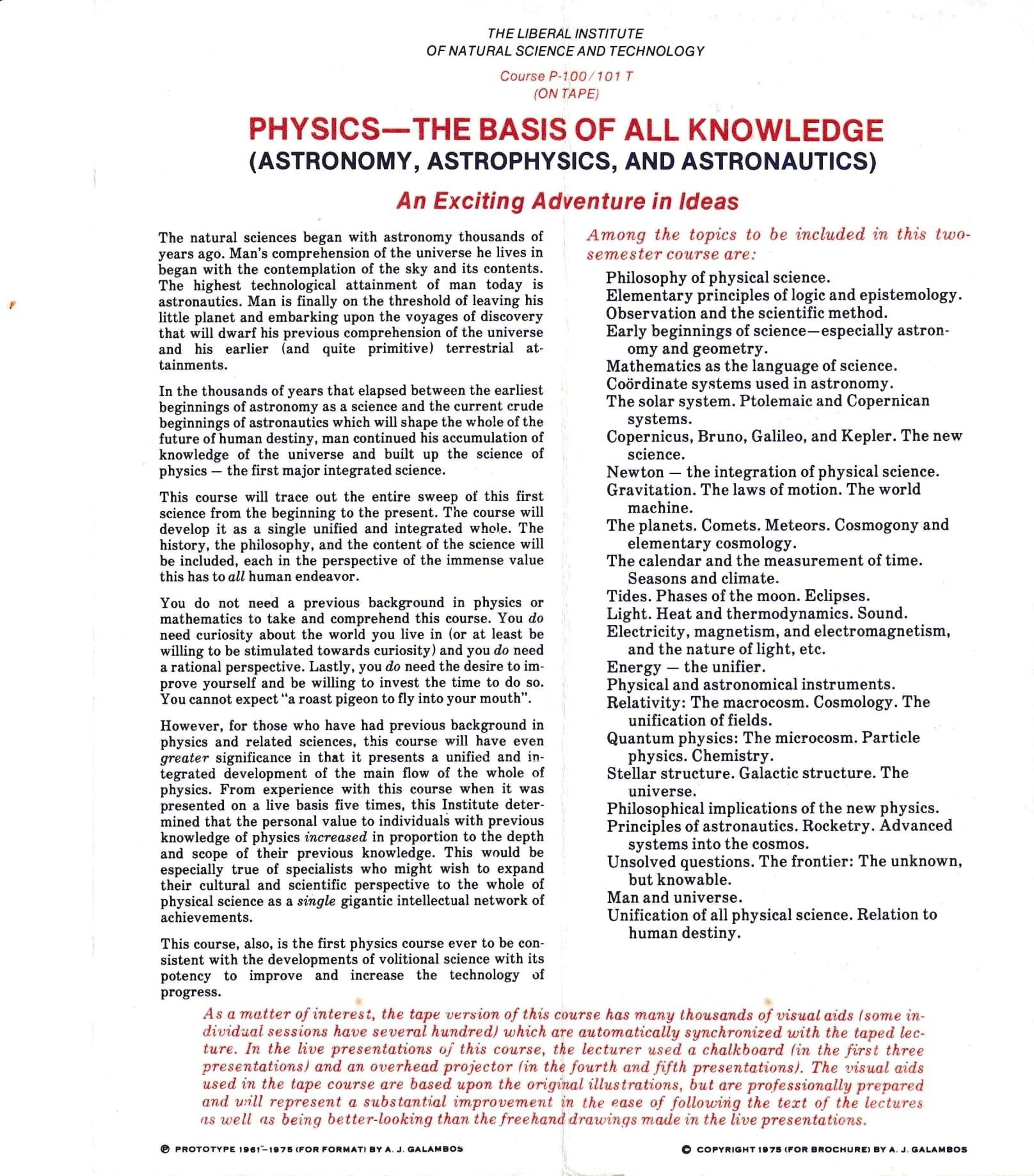 Brochure for a physics course titled 'Physics—The Basis of All Knowledge' by the Liberal Institute of Natural Science and Technology, featuring astronomy, astrophysics, and astronautics. The course promises an exciting adventure in ideas and covers t
