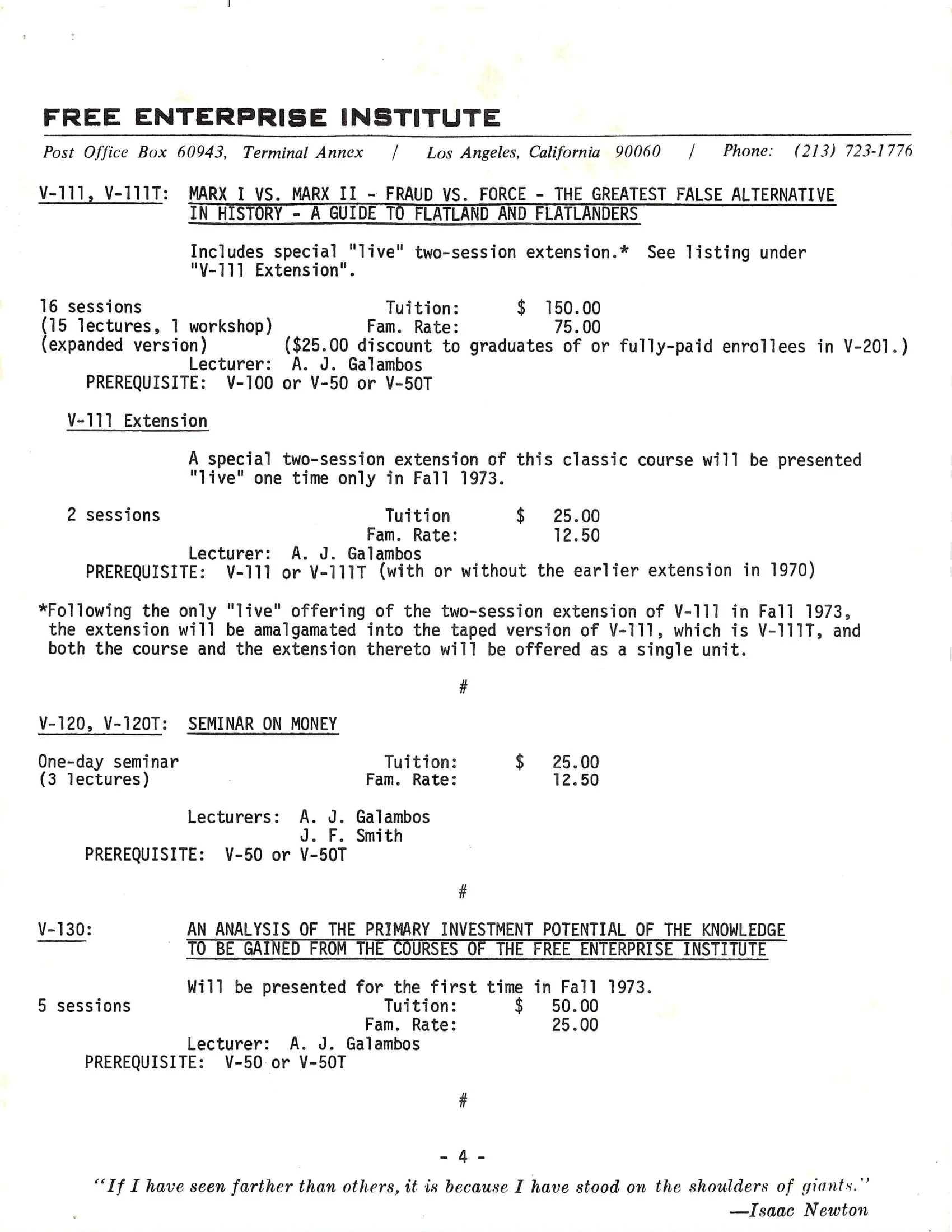 Pamphlet from Free Enterprise Institute advertising courses in 1973, including topics on Marxism, money seminars, and investment analysis. Courses by A. J. Galambos with session details and pricing.