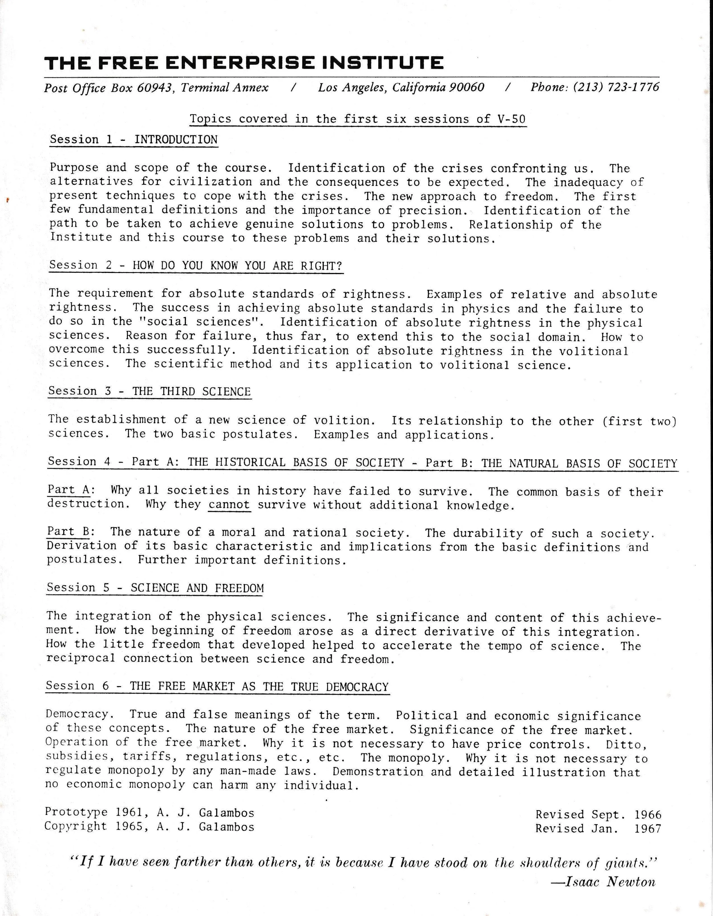 A document titled 'The Free Enterprise Institute' detailing topics for sessions of course V-50. Topics include introduction, standards of rightness, new science of volition, historical and natural basis of society, integration of science and freedom, and the free market as a democracy. Contains A. J. Galambos' notes from 1961 to 1967, along with an Isaac Newton quote.