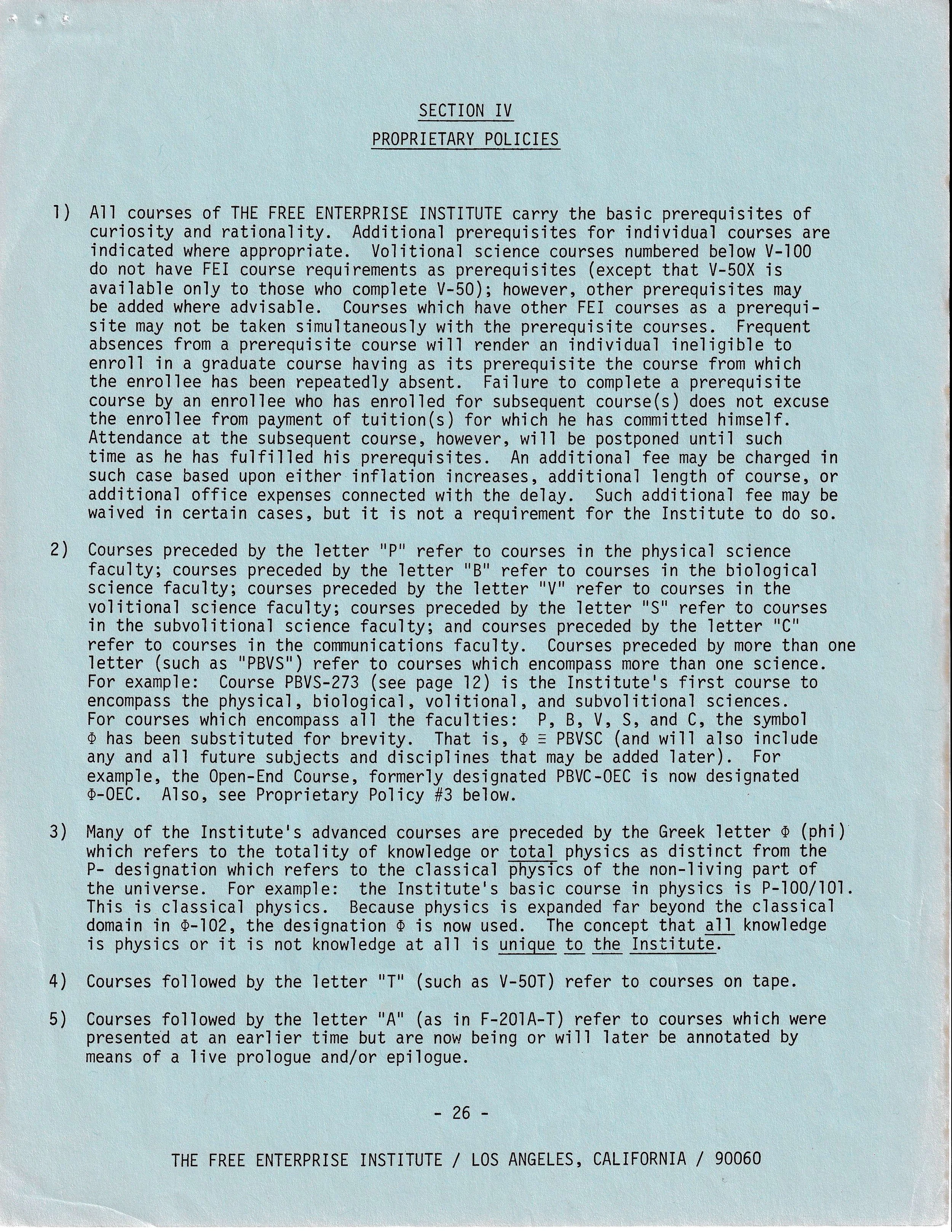 Typed page titled 'Section IV: Proprietary Policies' from the Free Enterprise Institute, detailing course prerequisites and policies for different faculties, including descriptions of course codes and notations such as 'P', 'B', 'V', and Greek letter
