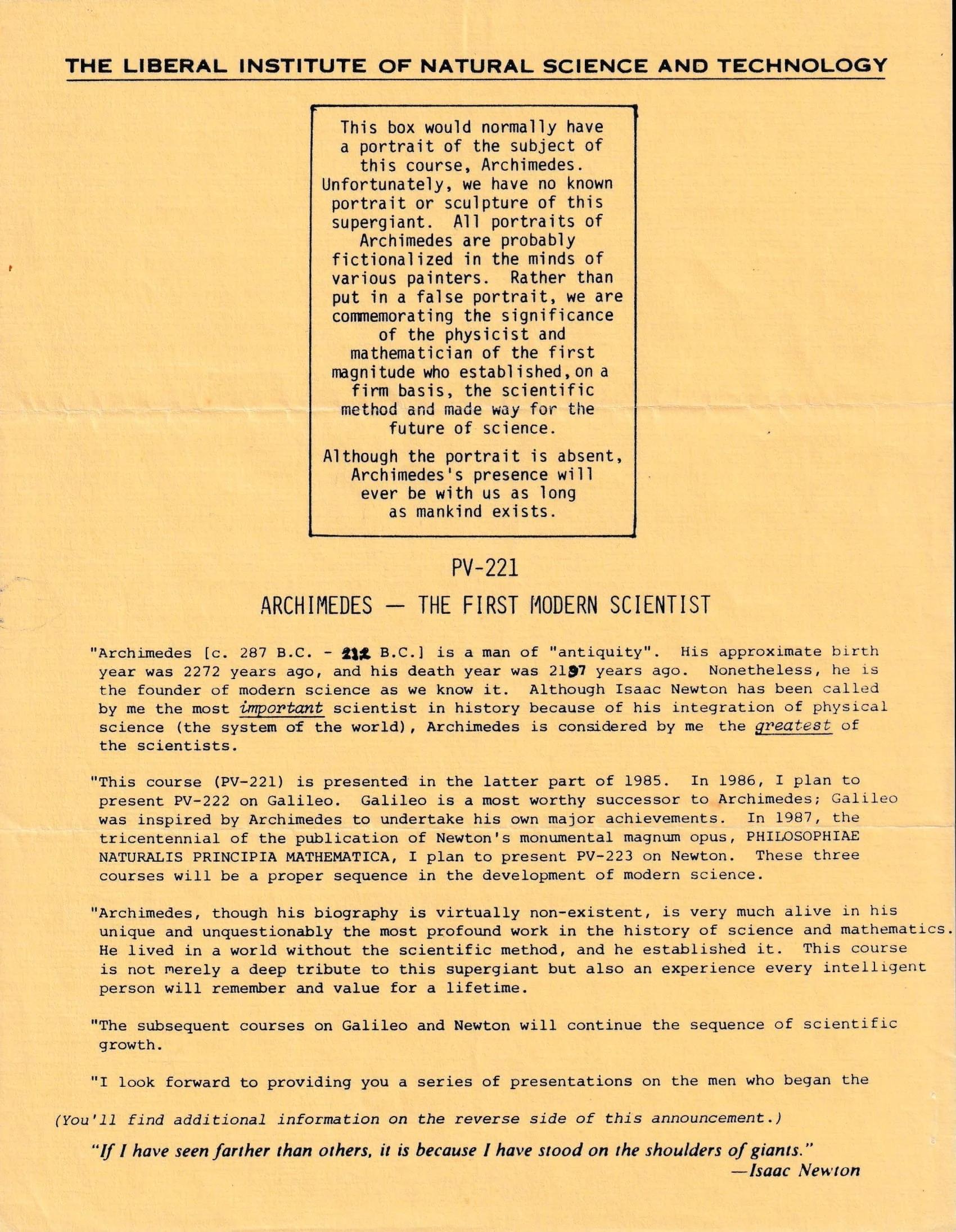 Flyer titled 'Archimedes – The First Modern Scientist' from The Liberal Institute of Natural Science and Technology. It discusses Archimedes' contributions to science and mathematics, noting his lack of authentic portraits. Mentions future courses on