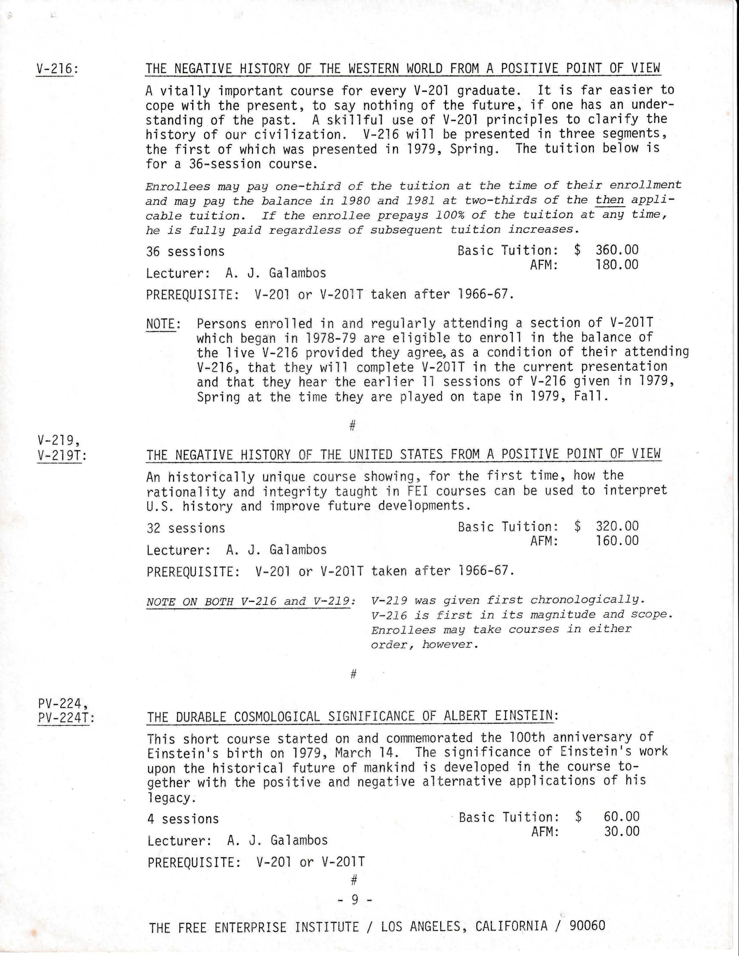 Typed document listing courses at The Free Enterprise Institute in Los Angeles, California. Descriptions and details are provided for three courses: V-216, V-219, and PV-224. V-216 focuses on the negative history of the Western world; V-219 covers th