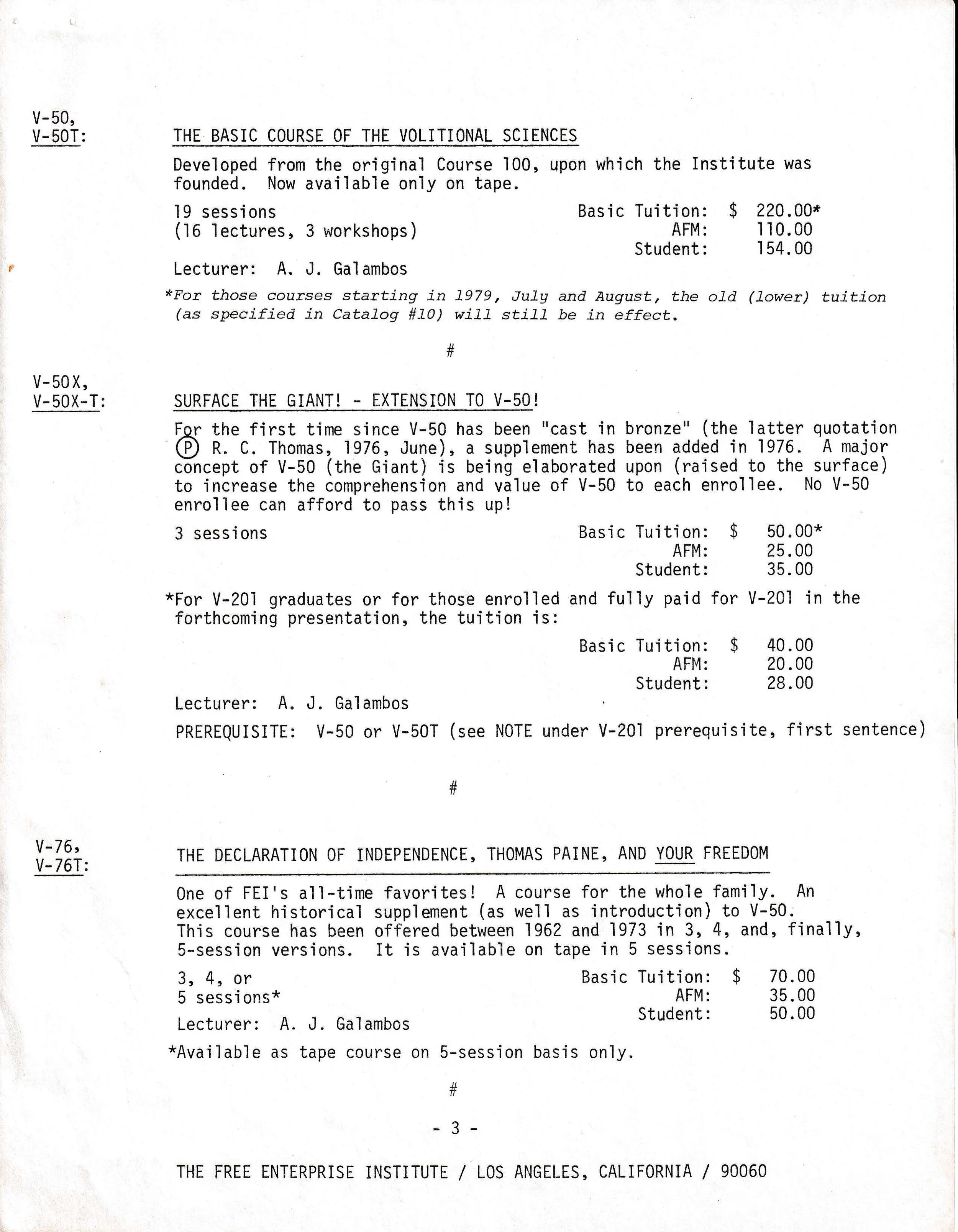 Document listing courses by the Free Enterprise Institute, Los Angeles. It details courses V-50, V-50T on volitional sciences, extension V-50X, and V-76 on the Declaration of Independence, Thomas Paine, and freedom. Includes lecture format, tuition f