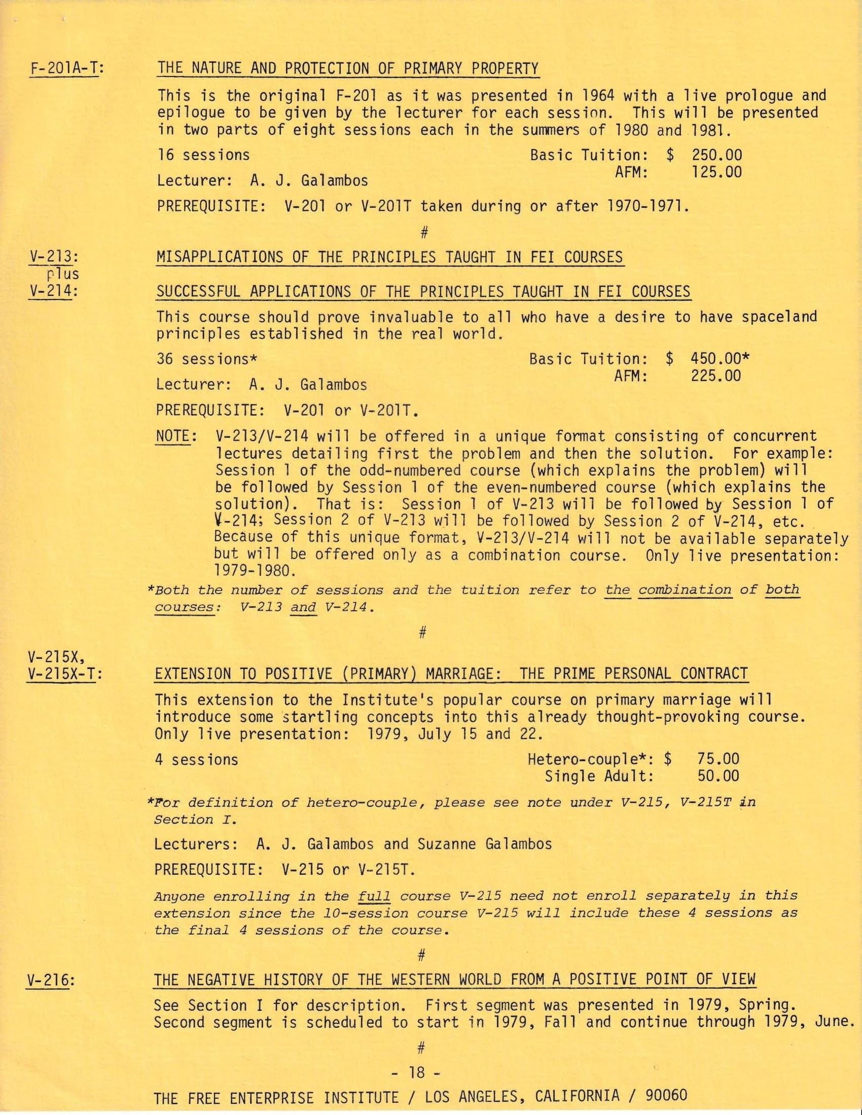Yellow informational flyer for The Free Enterprise Institute, Los Angeles, outlining courses such as "The Nature and Protection of Primary Property," "Misapplications and Successful Applications of Principles in FEI Courses," and "Extension to Positi