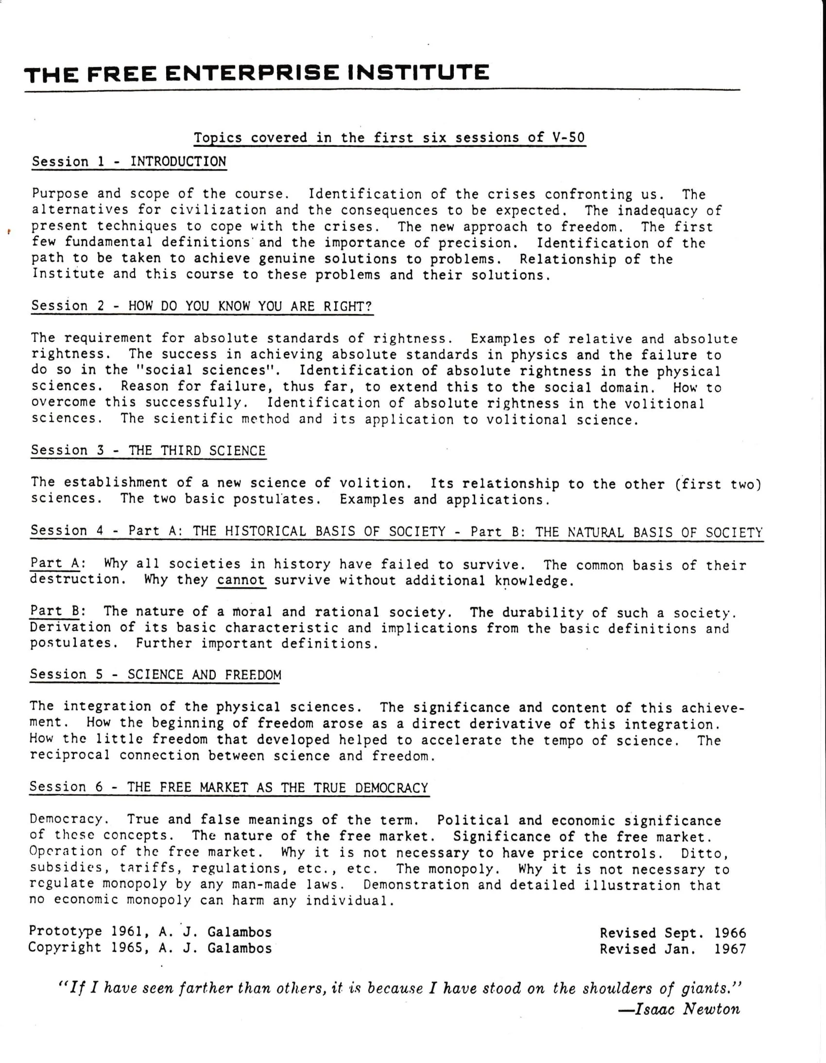 Document from The Free Enterprise Institute detailing topics for six sessions of a course called V-50. It includes session titles such as 'Introduction,' 'How Do You Know You Are Right,' 'The Third Science,' 'The Historical Basis of Society,' 'Scienc