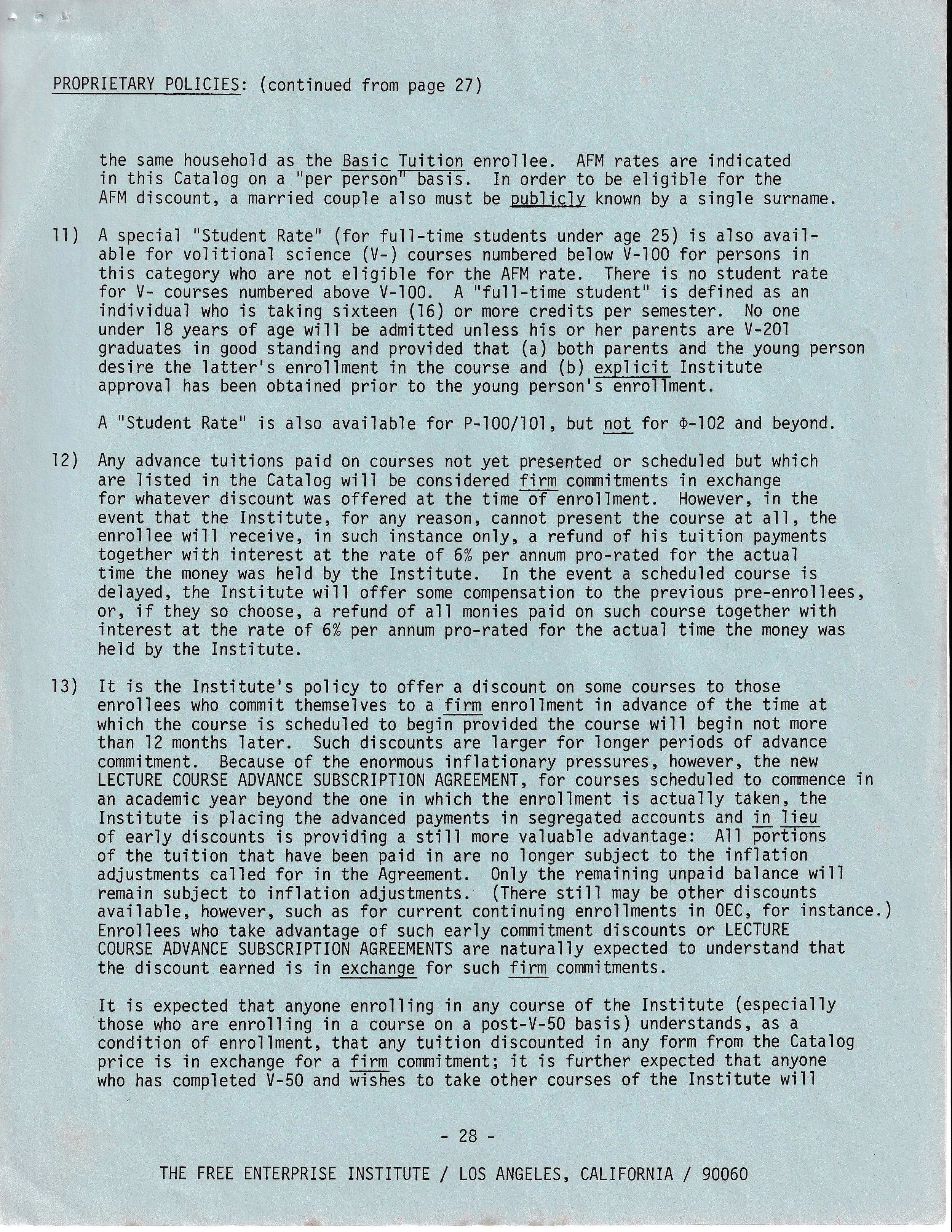 Document detailing proprietary policies of The Free Enterprise Institute, Los Angeles. Topics include tuition rates, student discounts, advance tuition policies, and lecture course subscription agreements. Specific conditions for discounts and enroll