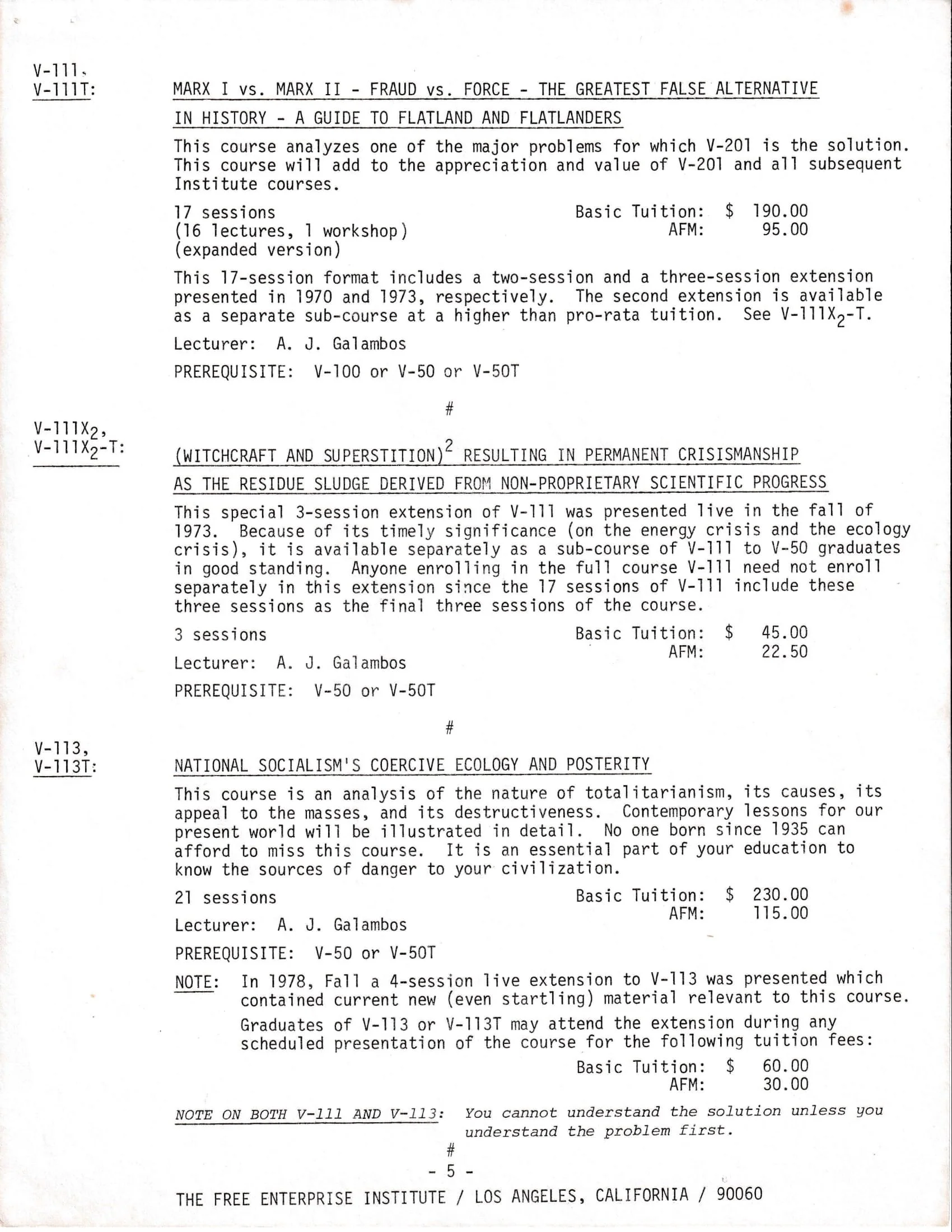 A document advertising courses from the 'Free Enterprise Institute' in Los Angeles, California. Courses include 'Marx I vs. Marx II - Fraud vs. Force - The Greatest False Alternative,' 'Witchcraft and Superstition Resolved in Permanent Crisismanship,