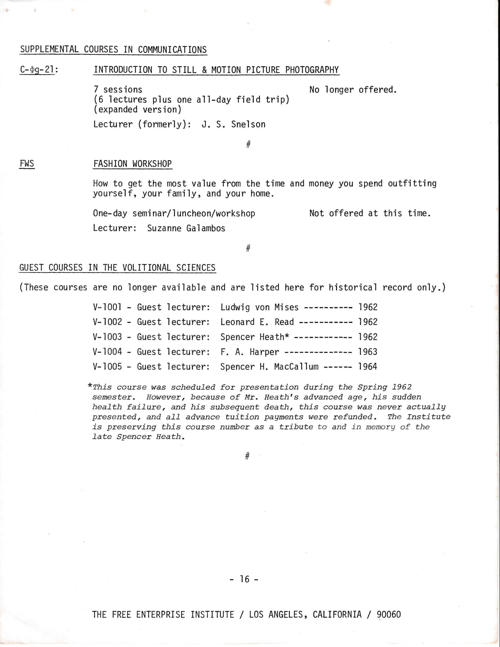 Document listing supplemental and guest courses from The Free Enterprise Institute in Los Angeles, California, including photography and fashion workshops, no longer offered, and volitional sciences guest courses from 1962-1964 with lecturers like Lu