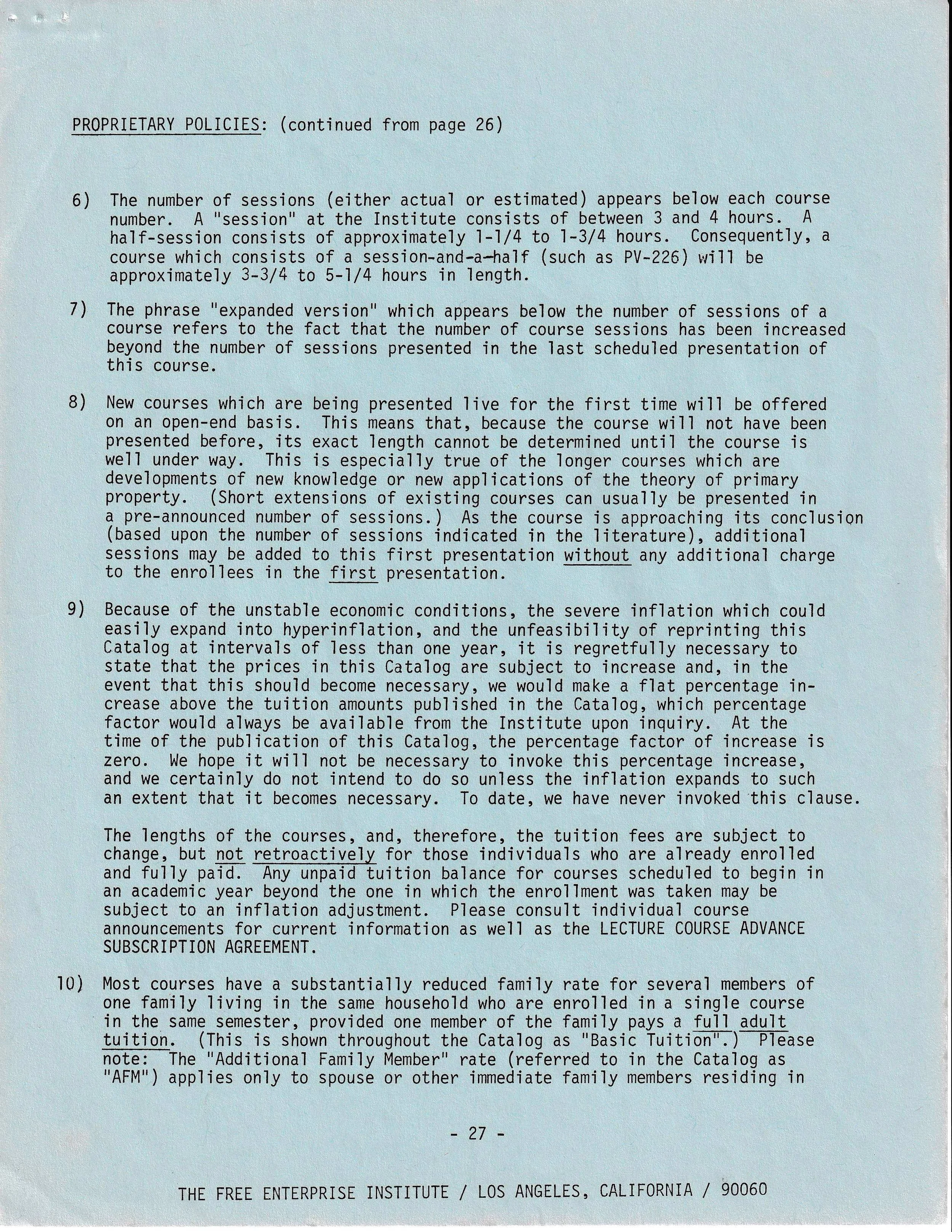 Document titled 'Proprietary Policies' from The Free Enterprise Institute, page 27, detailing course session lengths, expanded versions, live courses, economic conditions, tuition changes, and family rates. Mentions course lengths, inflation effects