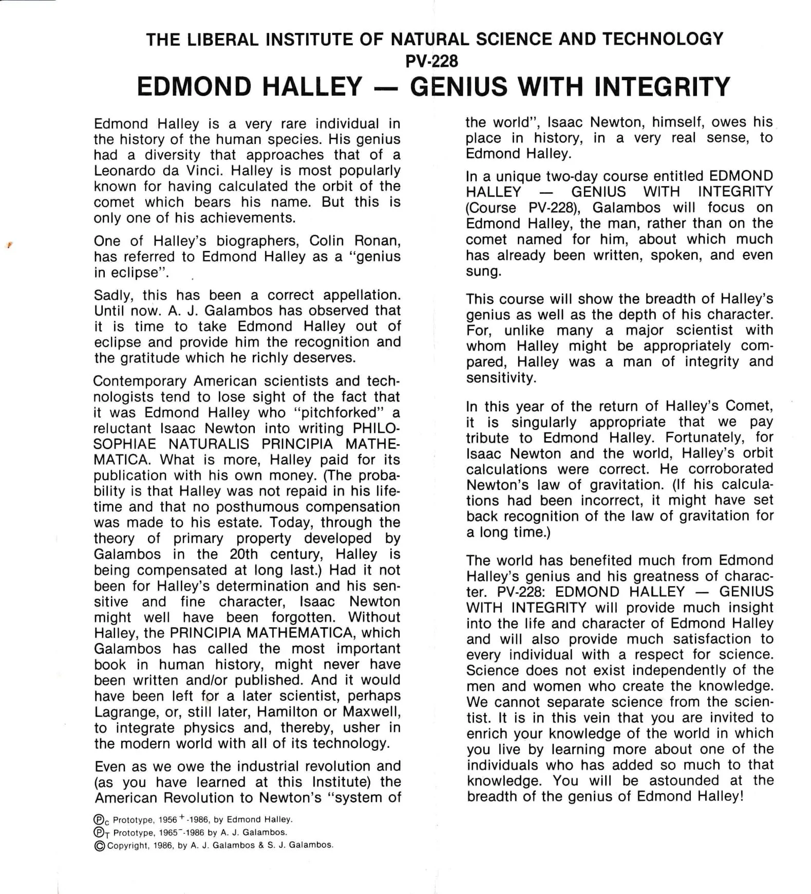 Flyer for a course titled "Edmond Halley — Genius with Integrity" at the Liberal Institute of Natural Science and Technology, discussing Halley's contributions and integrity.