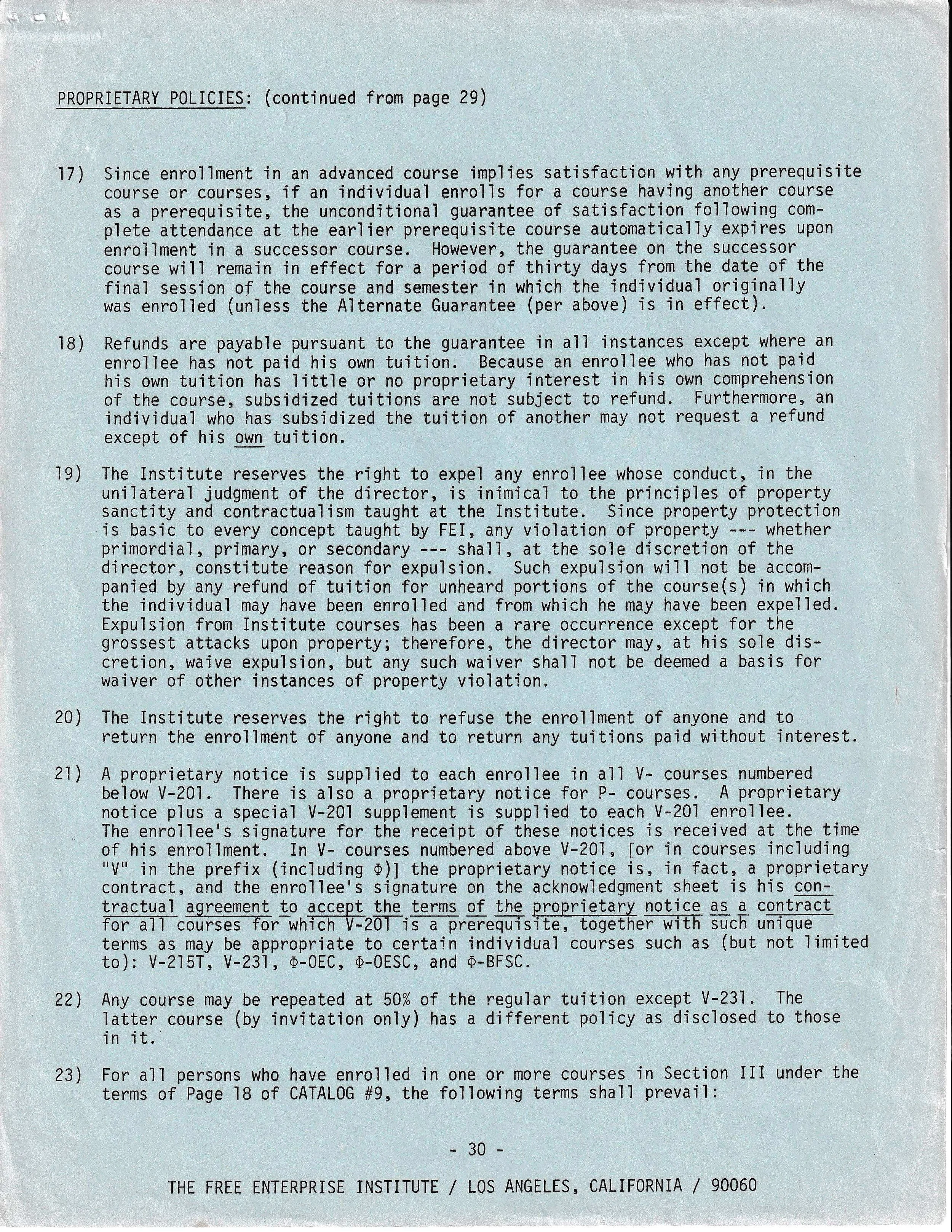 Text document outlining policies of The Free Enterprise Institute, Los Angeles, including enrollment, refund, expulsion, and notice policies.