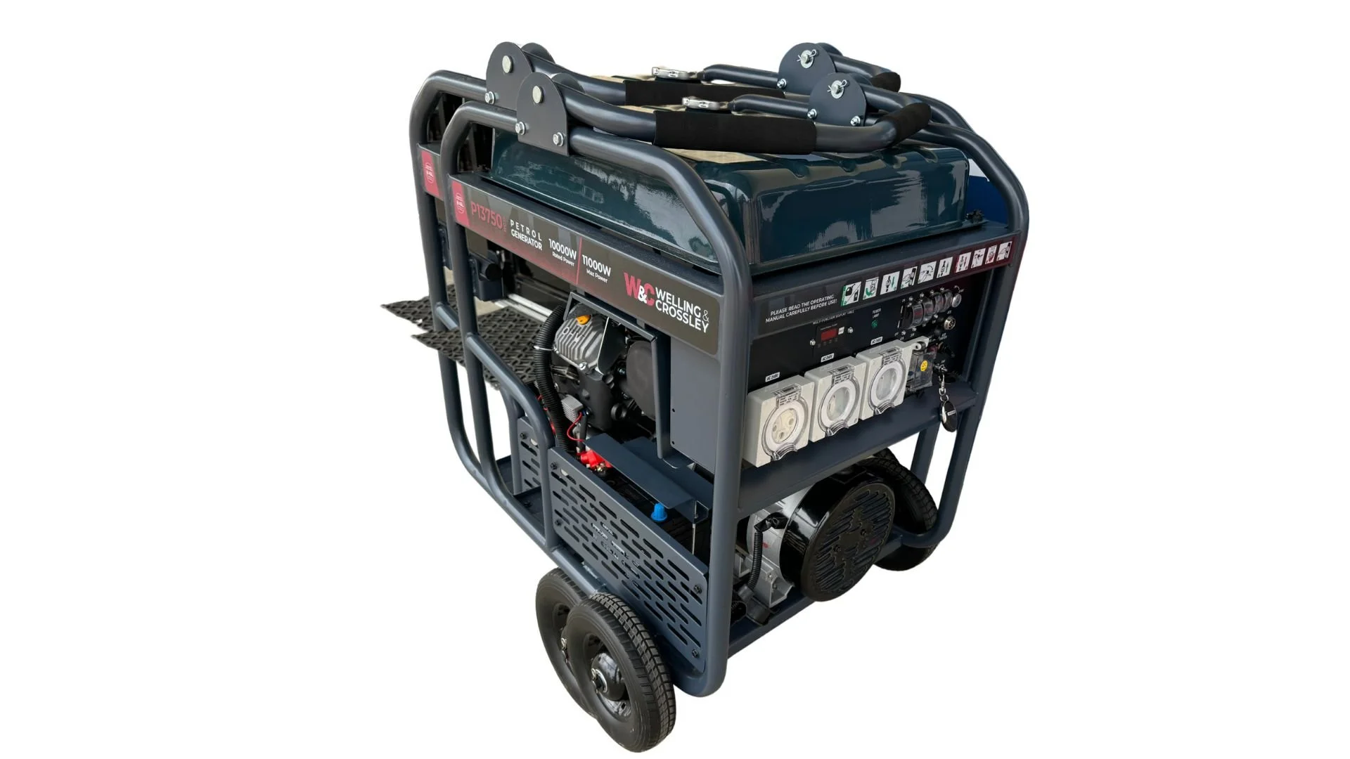 Portable generator with a black frame, two wheels, and multiple plugs, labeled 'Welling & Crossley'.