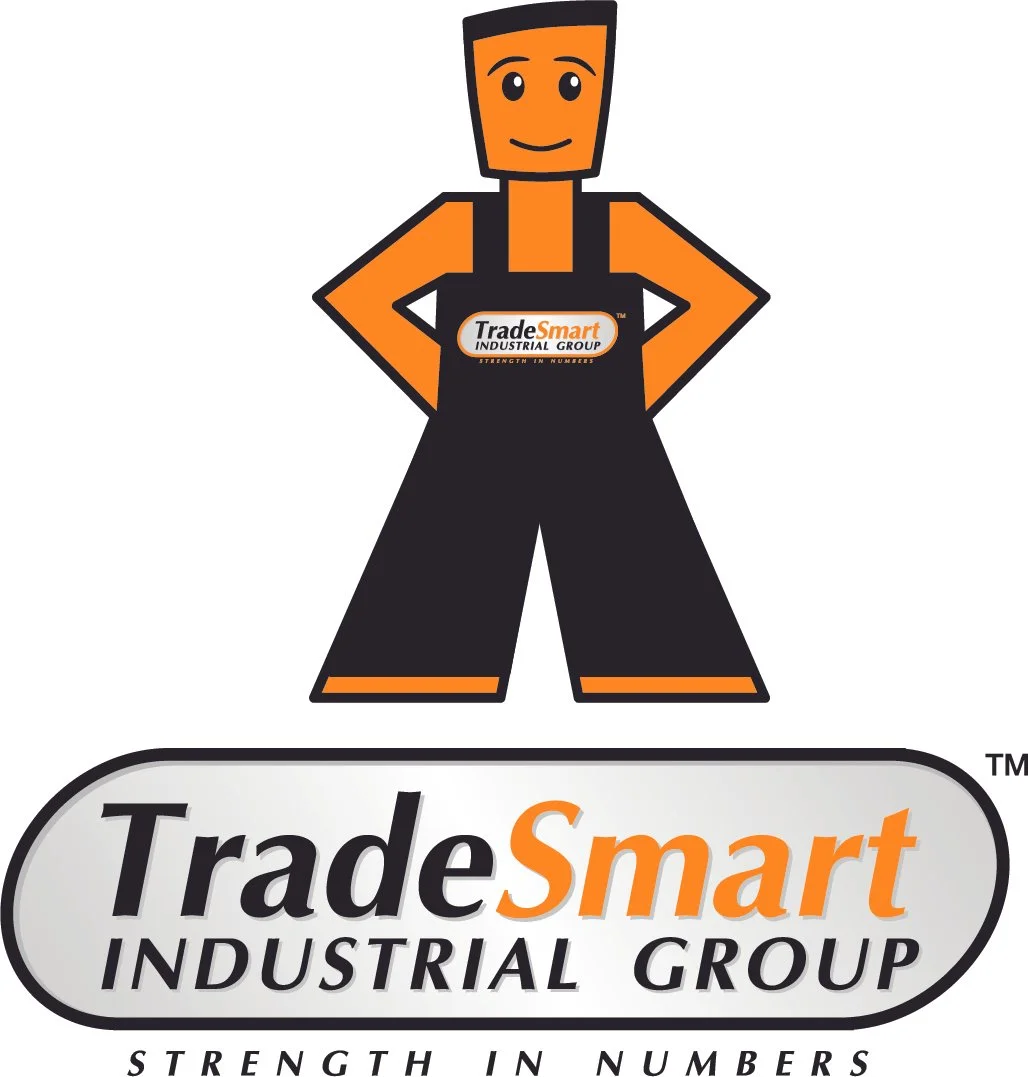 A cartoon character with an orange head and arms, wearing black overalls with a TradeSmart logo, stands with hands on hips, smiling, above a TradeSmart Industrial Group logo with the slogan "Strength in Numbers."